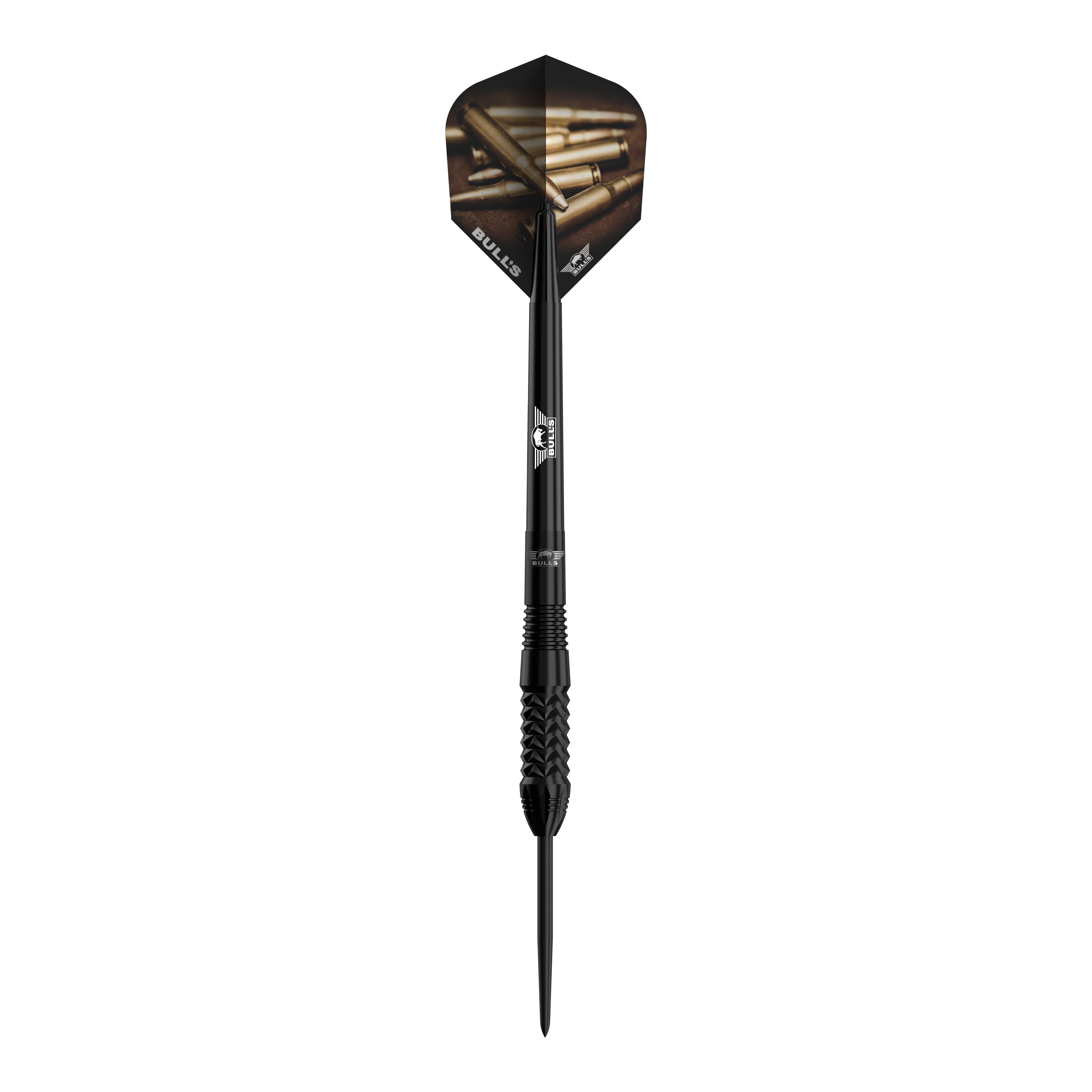 Bulls NL Caliber Black Steeldarts Der Bulls NL Caliber Black Steeldart ist ein eleganter, schwarzer Steeldartpfeil. Die Flights zeigen ein Motiv mit Patronenhülsen und das Bulls-Logo ist auf dem Schaft zu sehen.