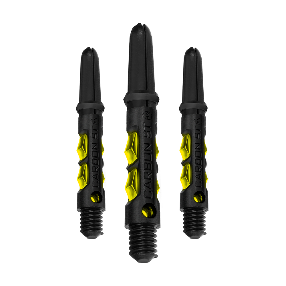 Das Bild zeigt drei Harrows Carbon ST Shafts in Gelb. Die Schäfte sind schwarz mit gelben Akzenten und haben eine robuste, moderne Optik.