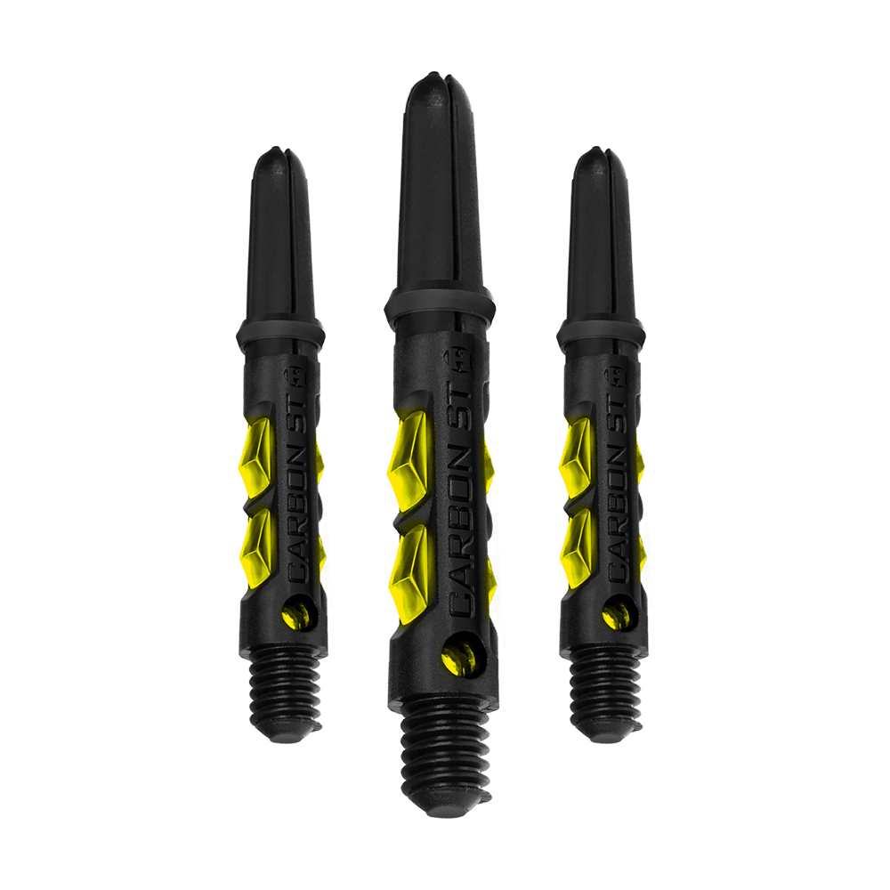 HR419_Harrows_Carbon_ST_Shafts_Gelb_33mm_1fut69ElLbL6Dh Das Bild zeigt drei Harrows Carbon ST Shafts in Gelb. Die Schäfte sind schwarz mit gelben Akzenten und haben eine robuste, moderne Optik.