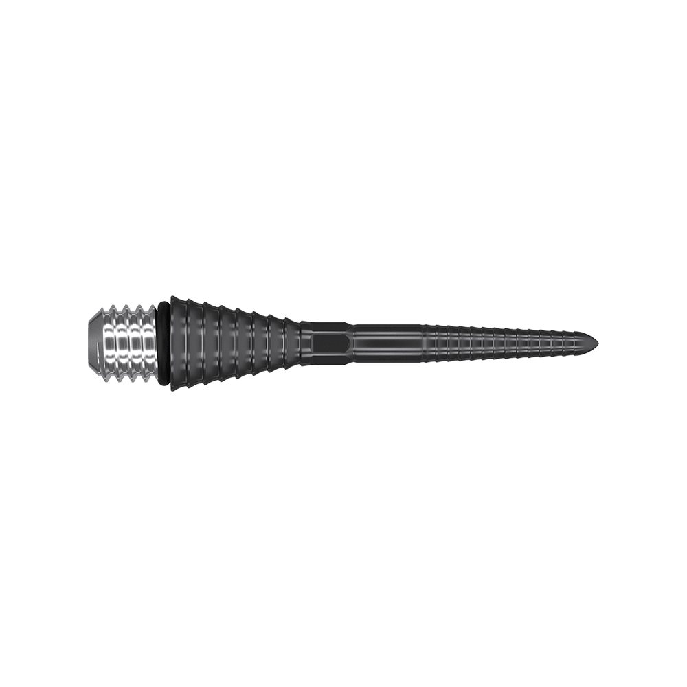 Auf dem Bild ist eine schwarze, gerillte Dartspitze aus Metall zu sehen. Sie hat eine konische Form und ein silbernes Schraubgewinde am Ende.