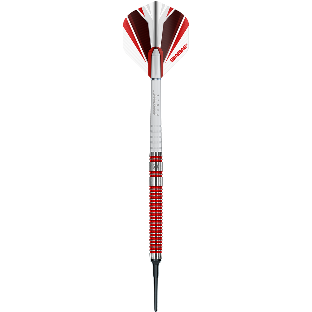 Das Bild zeigt einen Winmau Overdrive Softdart mit einem Gewicht von 20 Gramm. Der Dart hat ein silbernes und rotes Design mit einem roten Winmau-Flight.