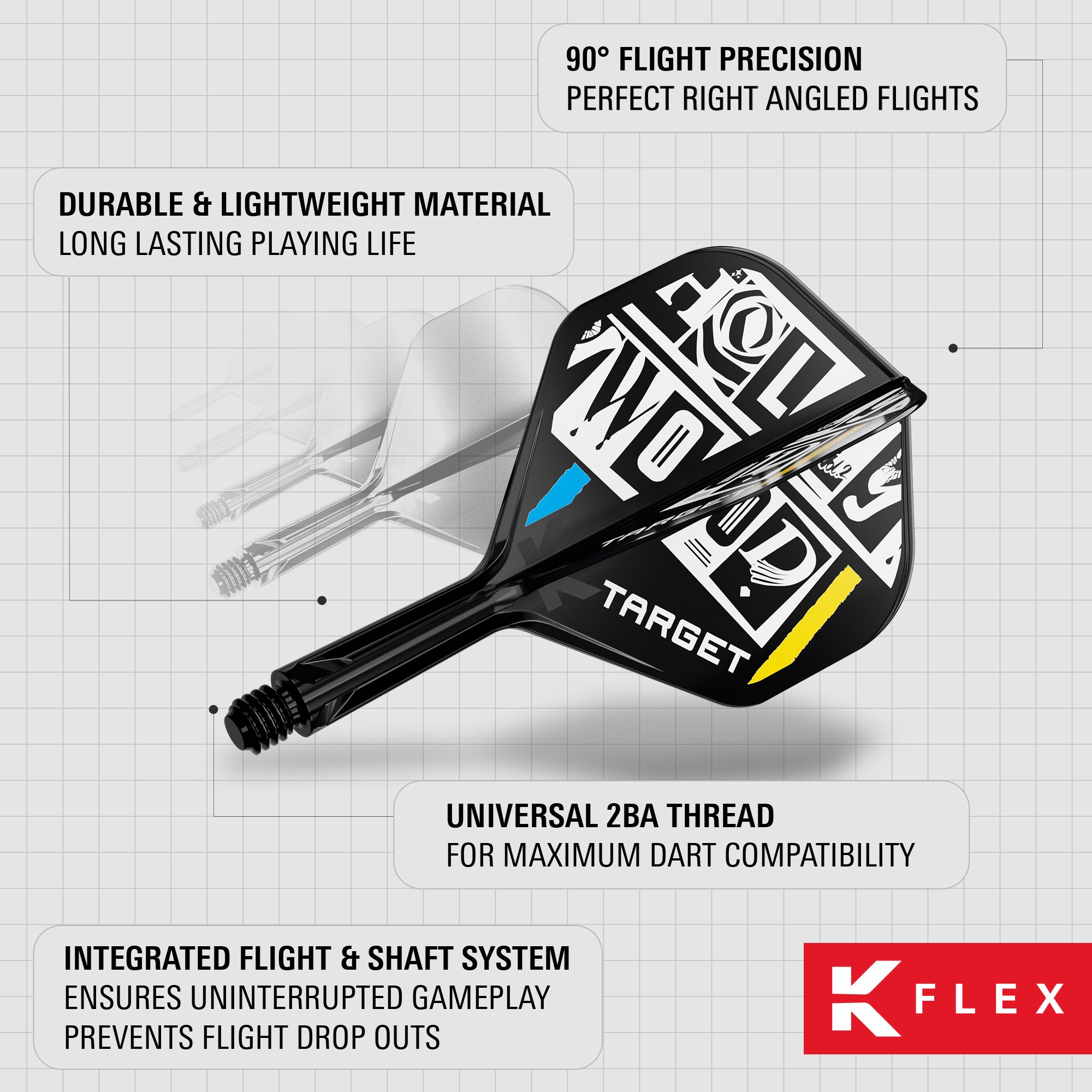 Target K-Flex Chris Dobey No2 Standard Flight-Shaft-System Das Bild zeigt das Produkt "Target K-Flex Chris Dobey No2 Standard Flights" für Darts. Es hebt die langlebigen und leichten Materialien, die präzisen 90°-Flüge sowie das integrierte Flight- und Schaftsystem hervor.