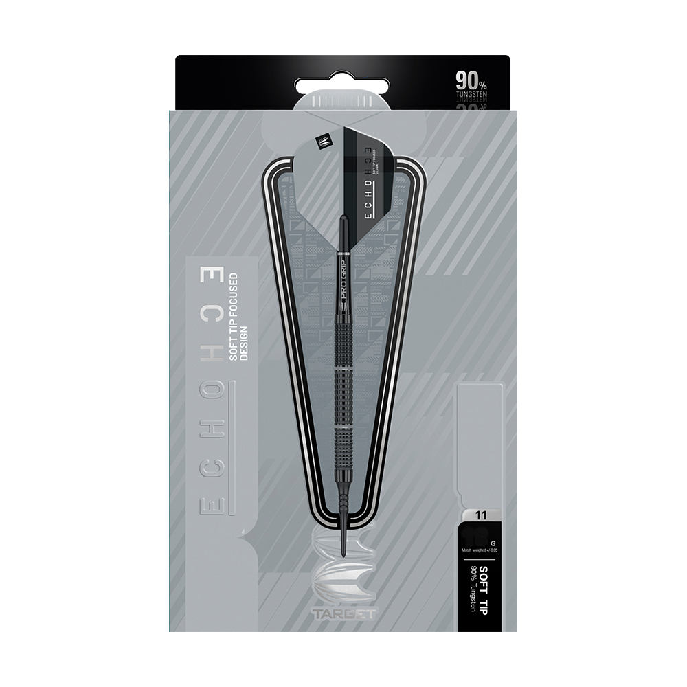 210058_Target_Echo_11_Softdarts_3 Die Abbildung zeigt die Verpackung der "Target Echo 11 Softdarts". In der Mitte ist ein Softdart mit schwarzem Design und 90% Tungsten-Anteil zu sehen.
