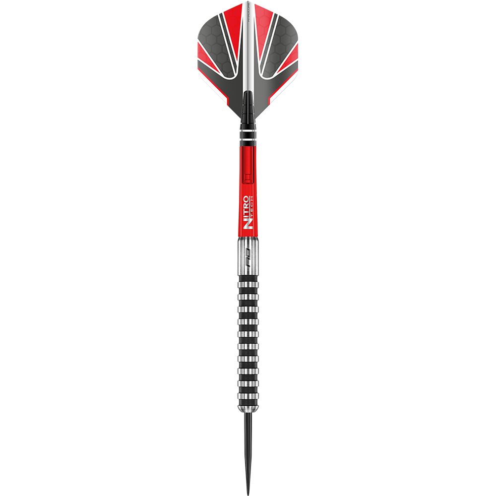RD2140_Red_Dragon_Javelin_Black_Steeldarts_1wbfwpjEMaXFDP Das Bild zeigt einen Red Dragon Javelin Black Steeldart. Der Dartpfeil hat rote, schwarze und silberne Akzente sowie eine spitze Stahlspitze.