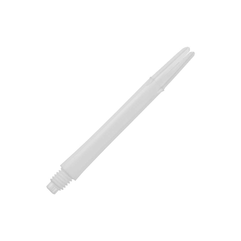 Auf dem Bild ist ein gerader, weißer Dartshaft ohne Kappen zu sehen. Der Shaft ist schlicht gestaltet und hat eine Länge von 46 mm.