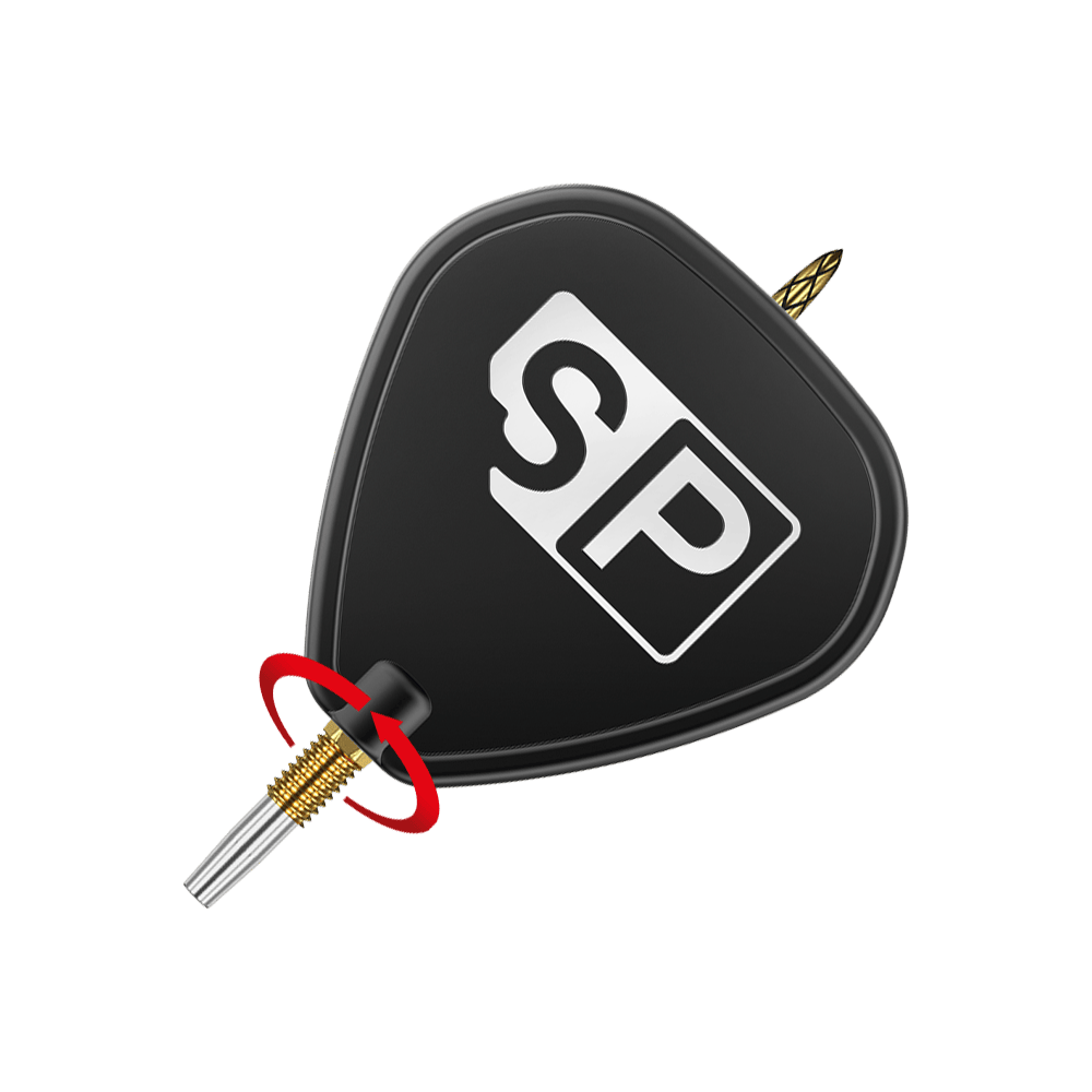 Target Swiss DS Surge Point Dartspitzen - Gold Das Bild zeigt eine schwarze Dartspitze mit der Aufschrift "SP" auf dem Flight. Ein roter Pfeil zeigt eine Drehbewegung an der goldenen Verschraubung der Spitze.