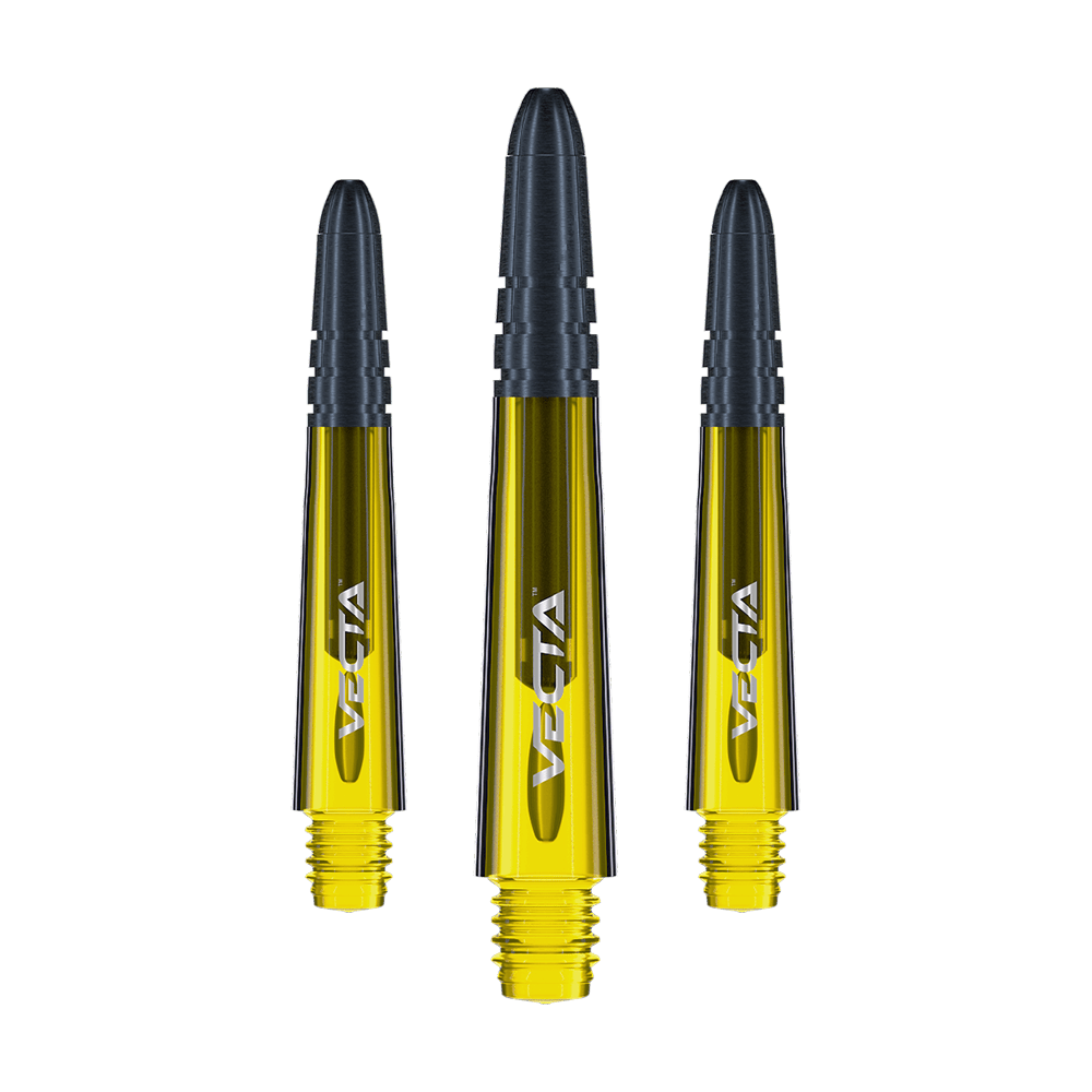 Das Bild zeigt drei gelbe Winmau Vecta Shafts für Darts. Die Schäfte haben einen schwarzen oberen Teil und ein silbernes Logo.