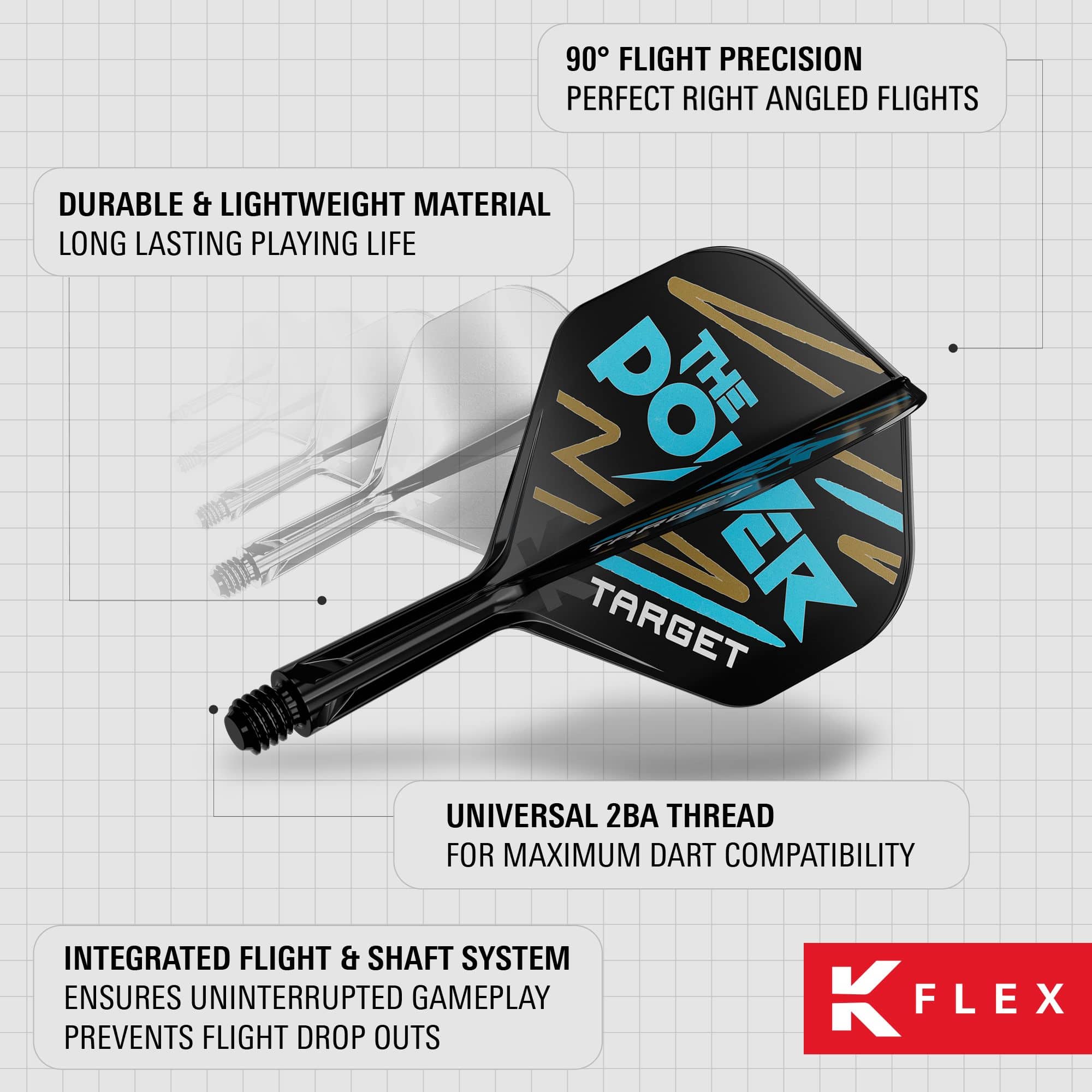 Das Bild zeigt das Produkt "Target K-Flex Phil Taylor No2 Standard Flights" für Dartpfeile. Es hebt die langlebigen Materialien, die präzise 90°-Flugwinkel und das integrierte Flight- und Schaftsystem hervor.