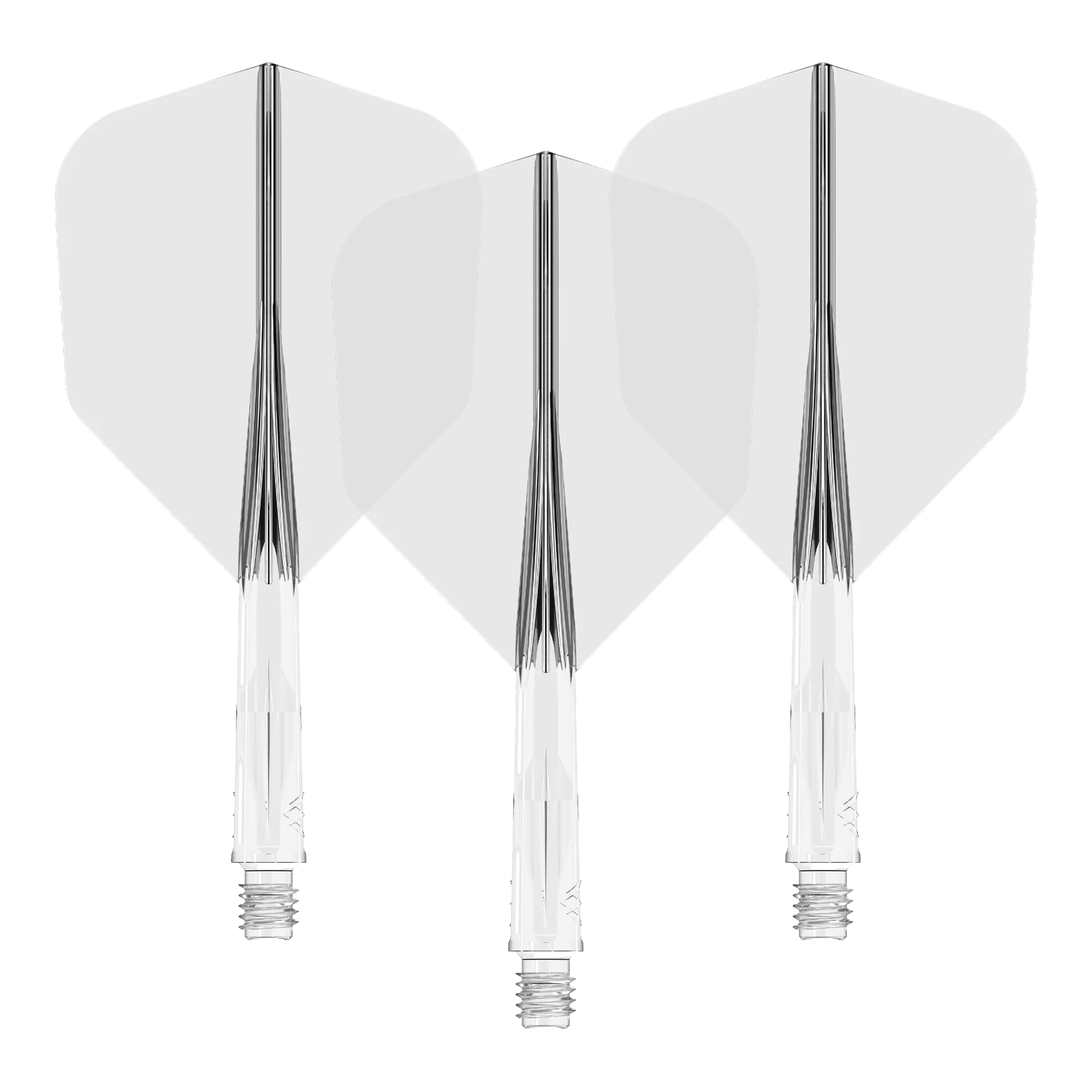 Mission Force 90 No6 Flight-Shaft-System - Clear Short Auf dem Bild sind drei klare Dart-Flights mit passenden transparenten Schäften zu sehen. Sie sind nebeneinander angeordnet und zeigen eine einheitliche, schlichte Optik.