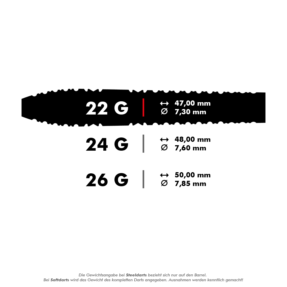 Das Bild zeigt die technischen Daten von Steeldarts in den Gewichten 22g, 24g und 26g, jeweils mit Länge und Durchmesser in Millimeter. Am unteren Rand steht ein Hinweis, dass sich die Gewichtsangabe bei Steeldarts nur auf den Barrel bezieht.