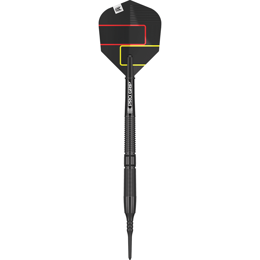 210322_Target_Gabriel_Clemens_Black_Edition_Softdarts_1cRpg80ngytQSY Der Target Gabriel Clemens Black Edition Softdart – 19g ist ein eleganter, schwarzer Softdartpfeil mit farbigen Linien auf dem Flight. Der Schaft trägt die Aufschrift "Pro Grip" und das Dart-Design wirkt modern und professionell.