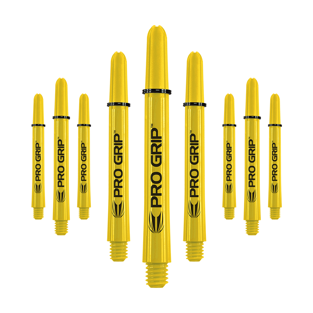 Das Bild zeigt neun gelbe Dartschäfte mit der Aufschrift "PRO GRIP". Sie sind in drei Reihen angeordnet und haben schwarze Ringe zur Befestigung.