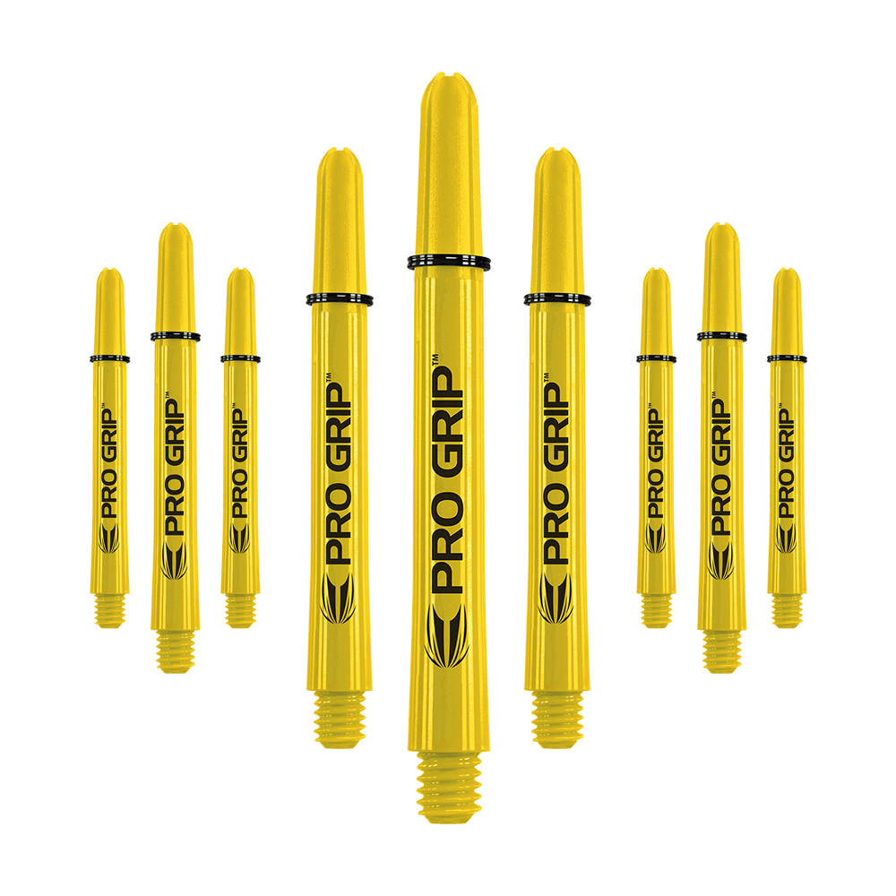 Target Pro Grip Shafts - 3 Sets - Gelb Das Bild zeigt neun gelbe Dartschäfte mit der Aufschrift "PRO GRIP". Sie sind in drei Reihen angeordnet und haben schwarze Ringe zur Befestigung.