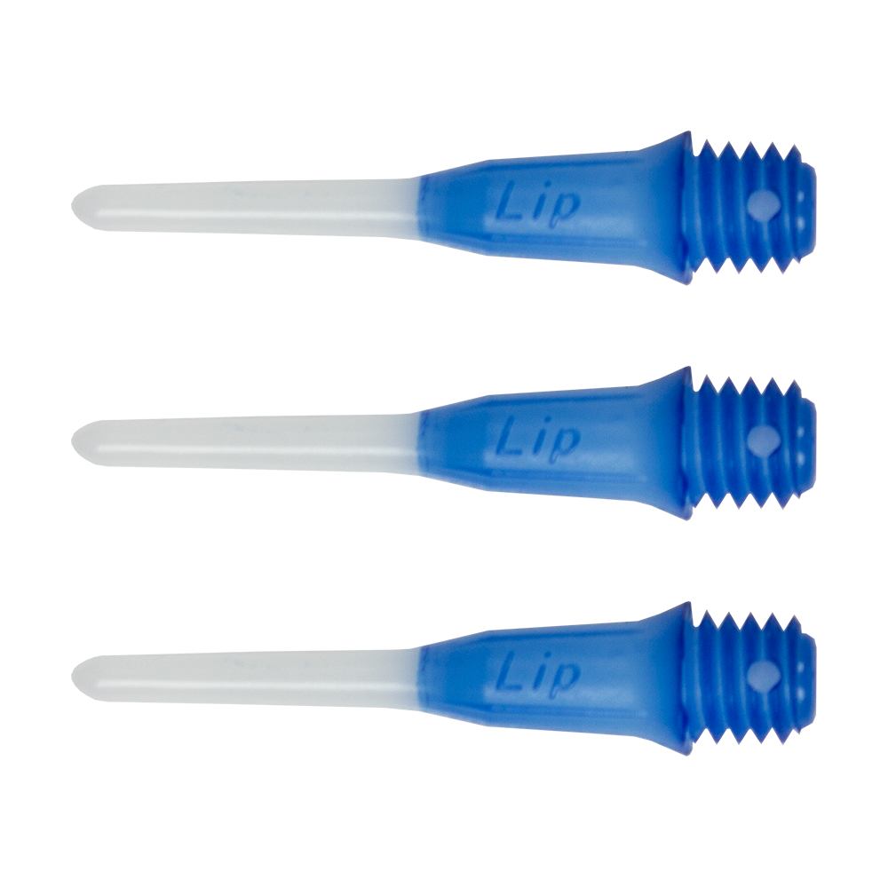 Das Bild zeigt drei blaue und weiße Dartspitzen der Marke "L-Style Two Tone Short Lippoints". Sie sind speziell für Softdarts konzipiert und tragen den Schriftzug "Lip".