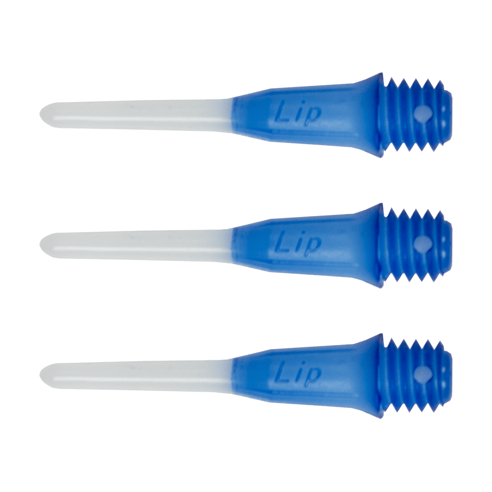 SLIPPTT-BL_L-Style_Two_Tone_Short_Lippoints_Dark_Blue_-30er_Pack Das Bild zeigt drei blaue und weiße Dartspitzen der Marke "L-Style Two Tone Short Lippoints". Sie sind speziell für Softdarts konzipiert und tragen den Schriftzug "Lip".