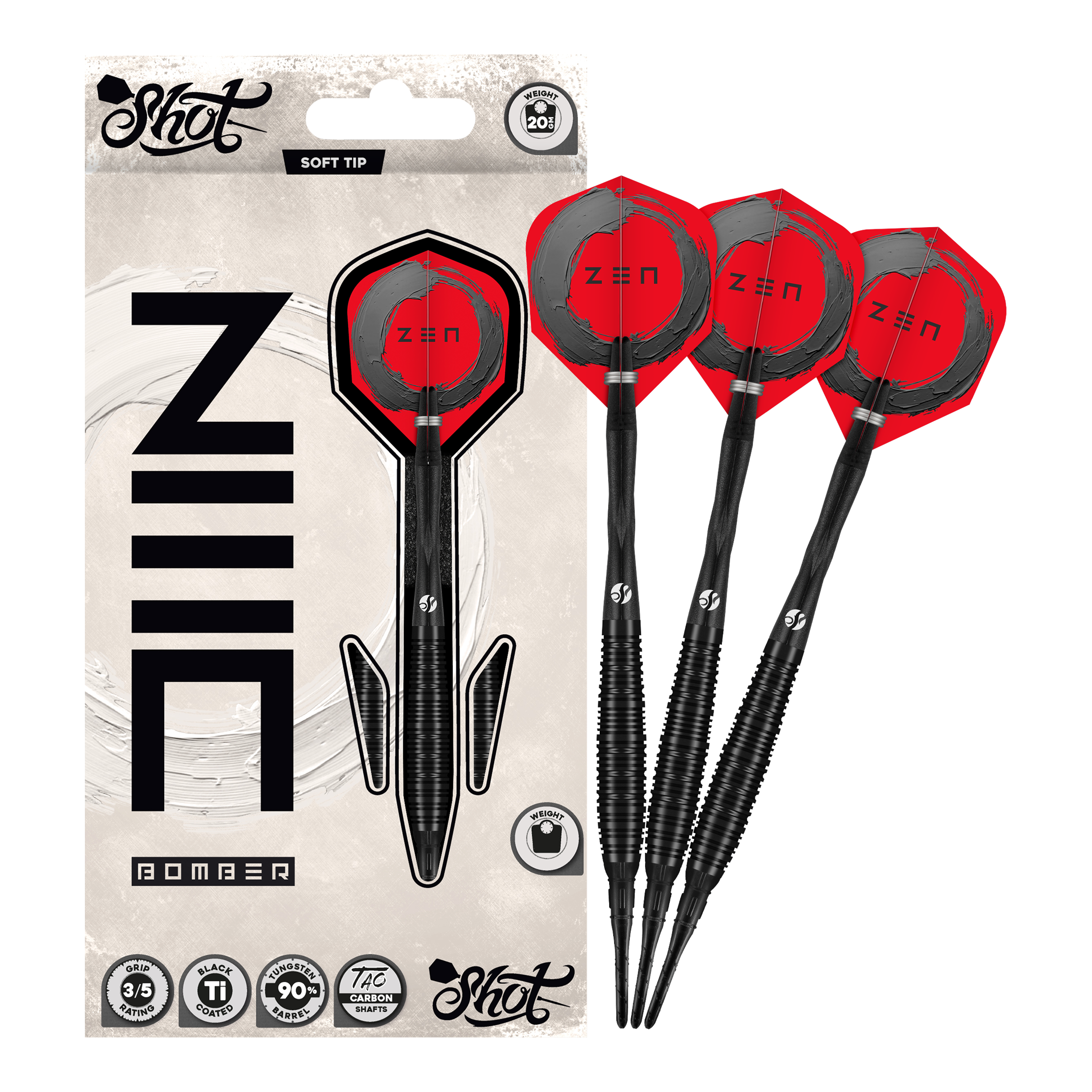 Shot ZEN Bomber Softdarts - 20g Zu sehen sind die Shot ZEN Bomber Softdarts - 20g. Sie zeichnen sich durch ihre spezielle Form und das ansprechende Aussehen aus.