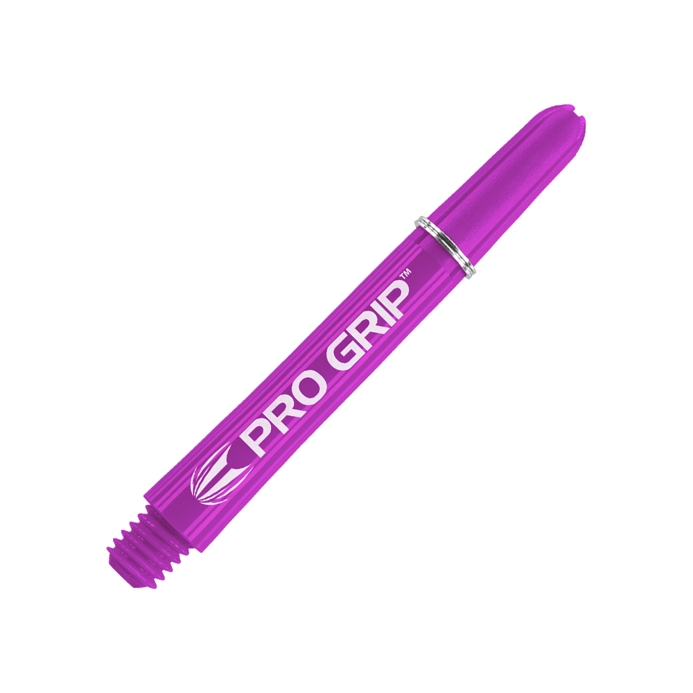 Das Bild zeigt einen lilafarbenen Dartshaft mit der Aufschrift "PRO GRIP". Der Shaft ist 41 mm lang und hat ein Schraubgewinde am Ende.