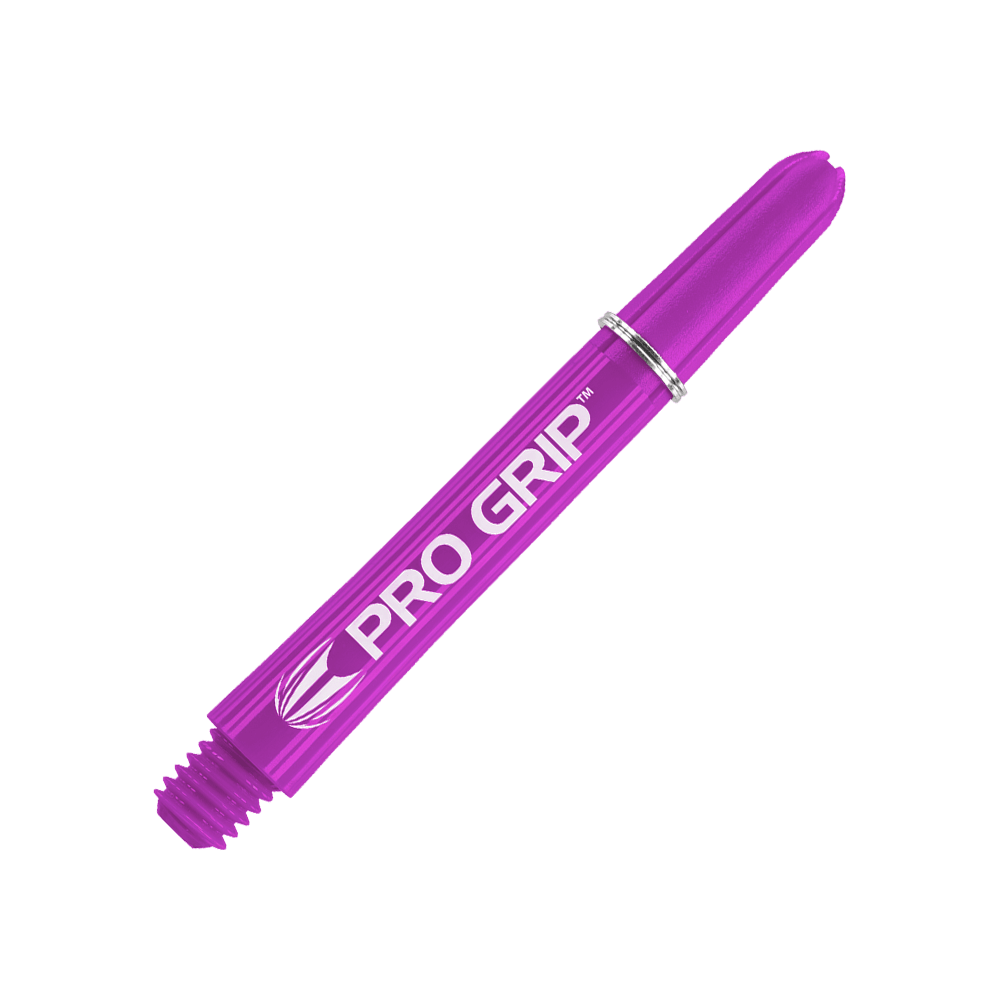 Target Pro Grip Shafts - 3 Sets - Lila Das Bild zeigt einen lilafarbenen Dartshaft mit der Aufschrift "PRO GRIP". Der Shaft ist 41 mm lang und hat ein Schraubgewinde am Ende.