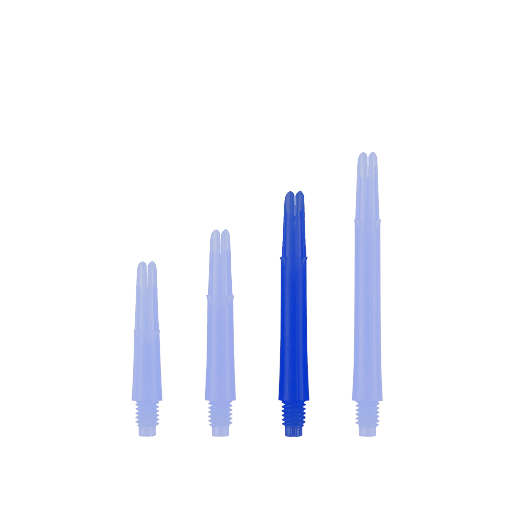 L-Style L-Shafts Locked Straight - Blue 260 Auf dem Bild sind vier blaue, gerade Dartschäfte in unterschiedlichen Längen zu sehen. Sie stehen aufrecht nebeneinander auf weißem Hintergrund.