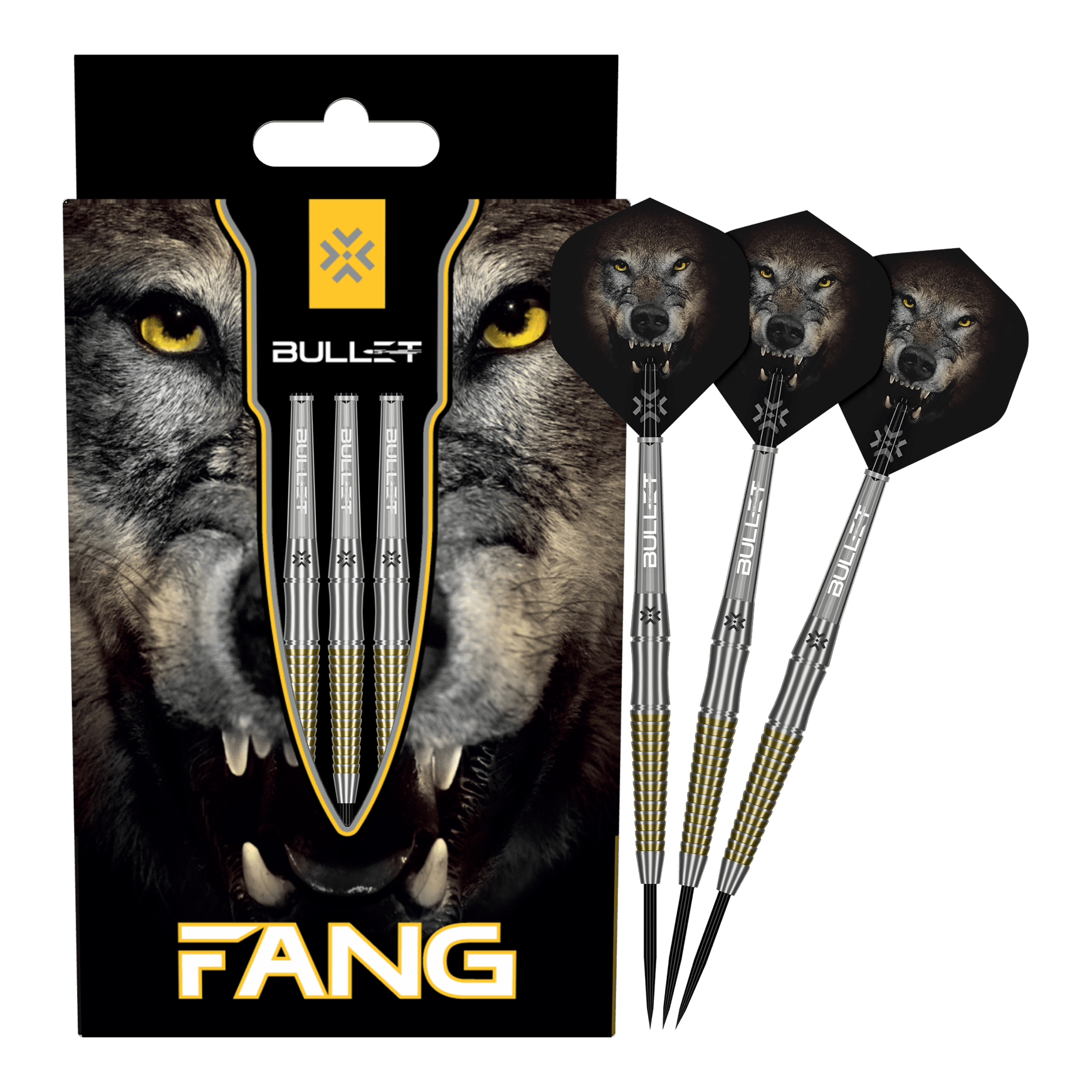 Bullet Fang Steeldarts Auf dem Bild sind die Bullet Fang Steeldarts komplett zu sehen. Die Steeldarts sind in voller Länge dargestellt.
