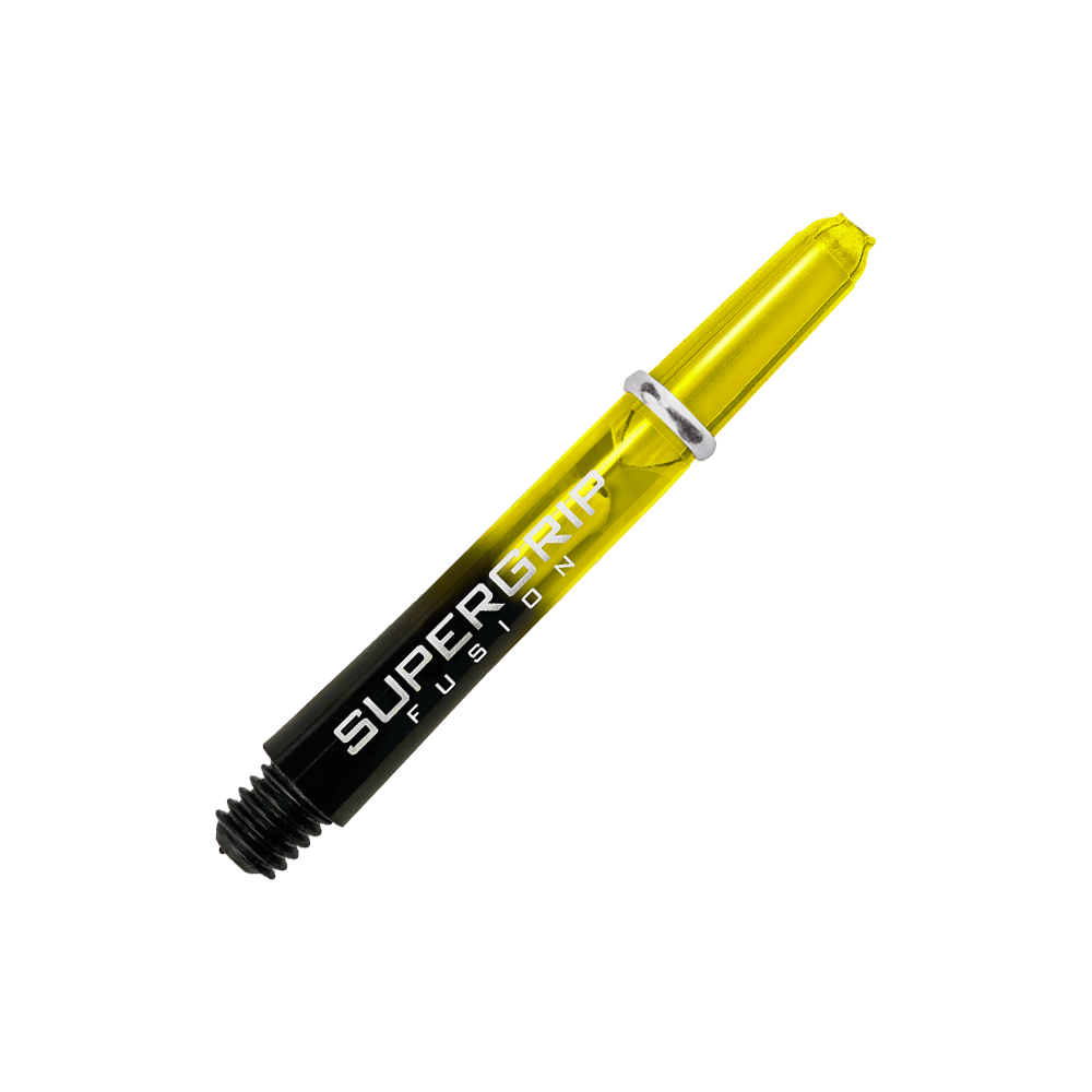 Dies ist ein Harrows Supergrip Fusion Shaft in Gelb. Der Schaft hat einen transparenten gelben und schwarzen Farbverlauf mit weißer Aufschrift.