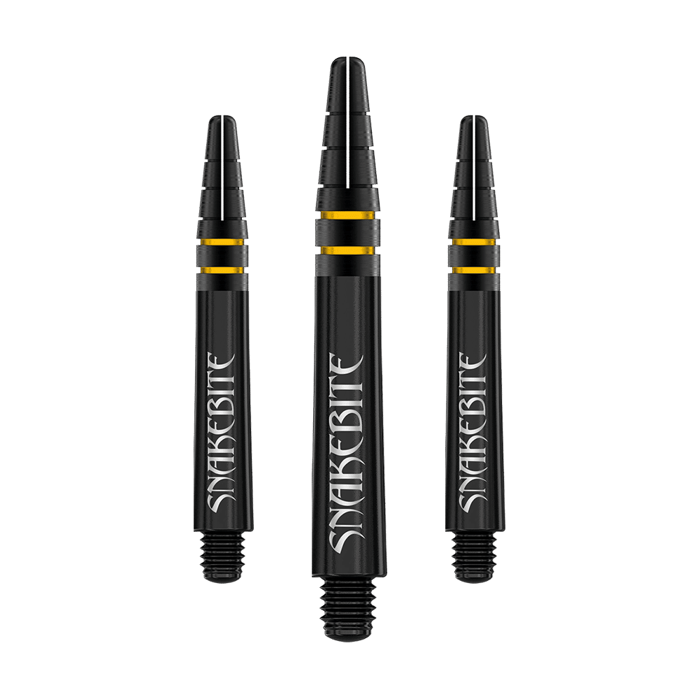 Das Bild zeigt drei schwarze Dartschäfte mit goldenen Ringen und der Aufschrift "SNAKEBITE". Die Schäfte sind das Modell "Red Dragon Nitrotech Peter Wright Shafts - Black Gold".