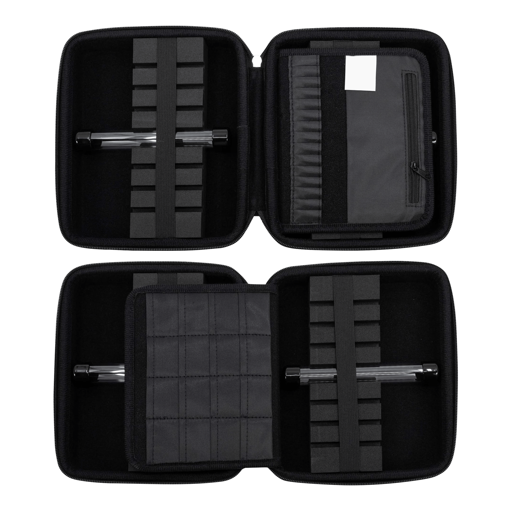 GOAT Locker XXL Dartwallet Das Bild zeigt das geöffnete GOAT Locker XXL Dartwallet mit mehreren Fächern und Halterungen für Dartzubehör. Die Darttasche ist schwarz und bietet viel Platz zur sicheren Aufbewahrung.