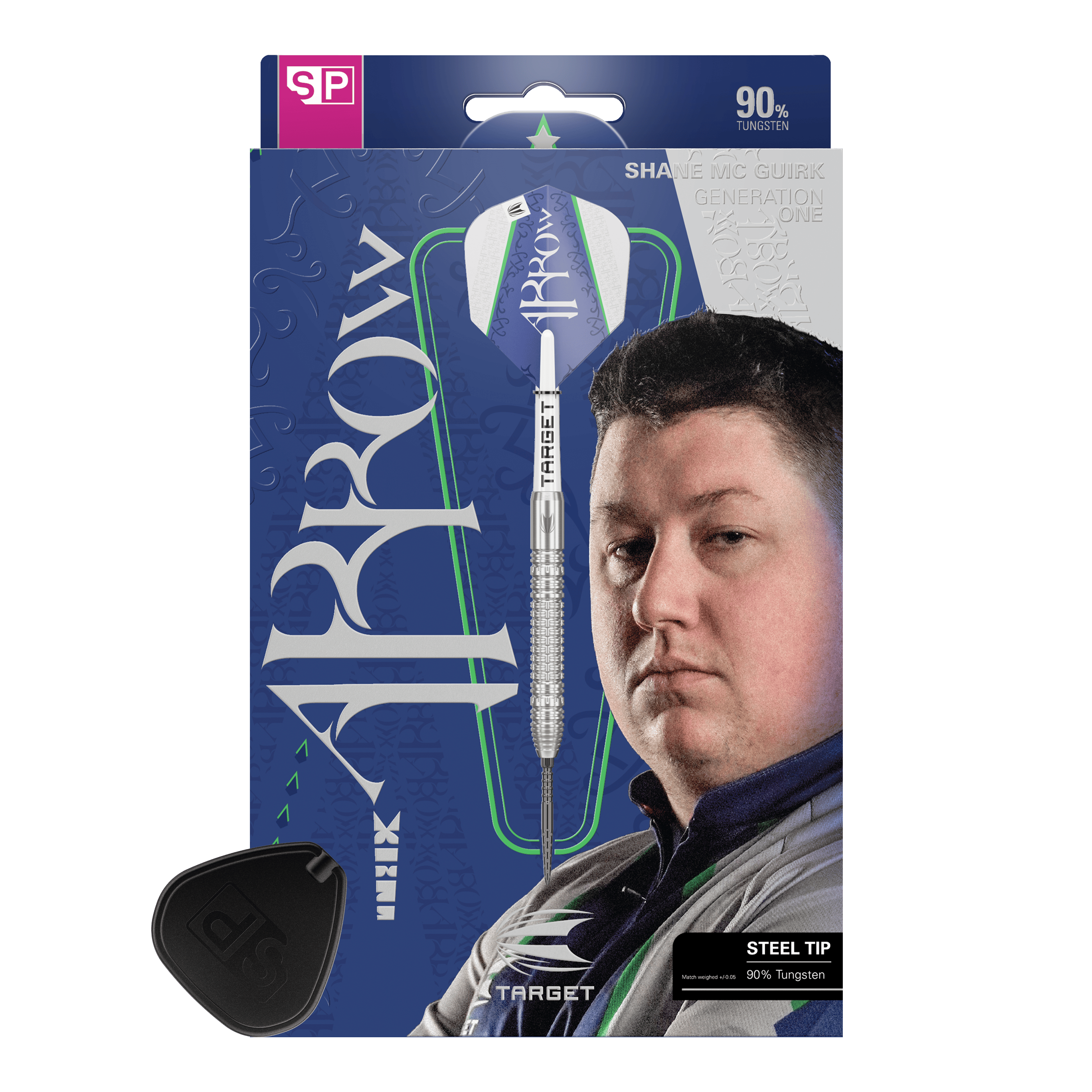 Target Shane McGuirk GEN1 Swiss Point Steeldarts - 23g Das Bild zeigt die Verpackung der "Target Shane McGuirk GEN1 Swiss Point Steeldarts - 23g". Auf der Verpackung ist ein Dartpfeil und das Porträt eines Mannes abgebildet.