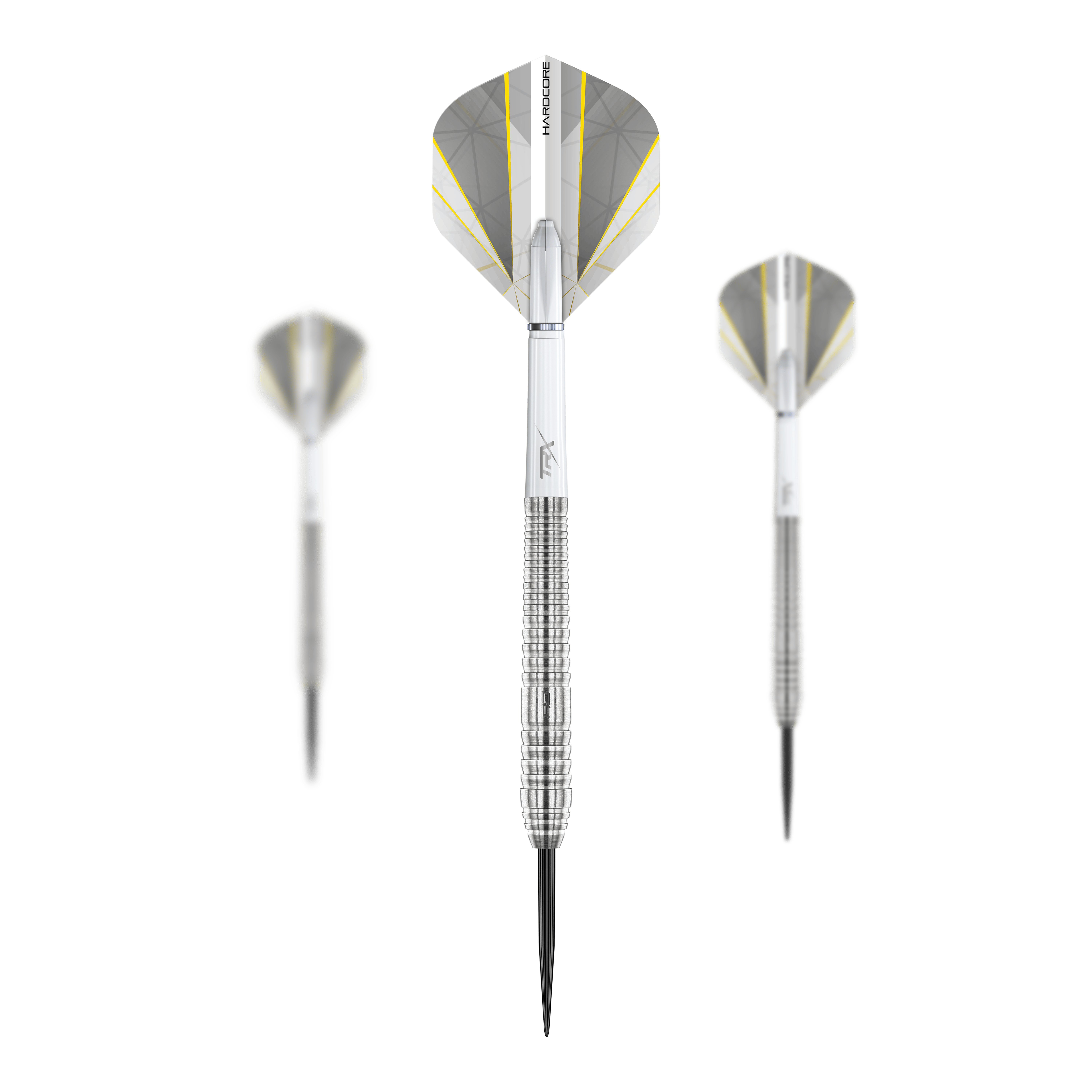 Red Dragon Seren 2 Pure Steeldarts Das Bild zeigt drei Red Dragon Seren 2 Pure Steeldarts mit silbernen Schäften und weißen Flights. Die Darts sind elegant designt und zeigen feine gelbe Linien auf den Flights.