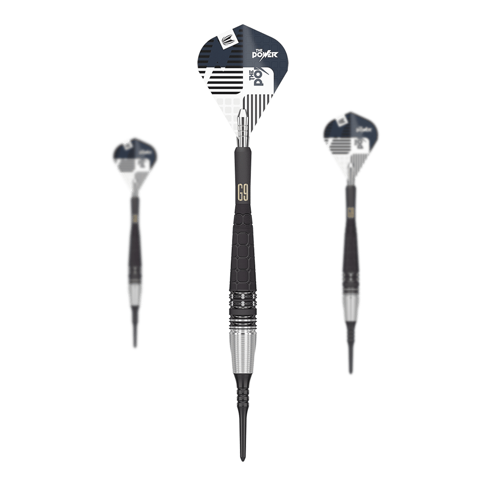 Das Bild zeigt drei Softdarts, die nebeneinander angeordnet sind. Die Darts haben schwarze und silberne Griffe sowie schwarz-weiße Flights mit der Aufschrift "The Power".