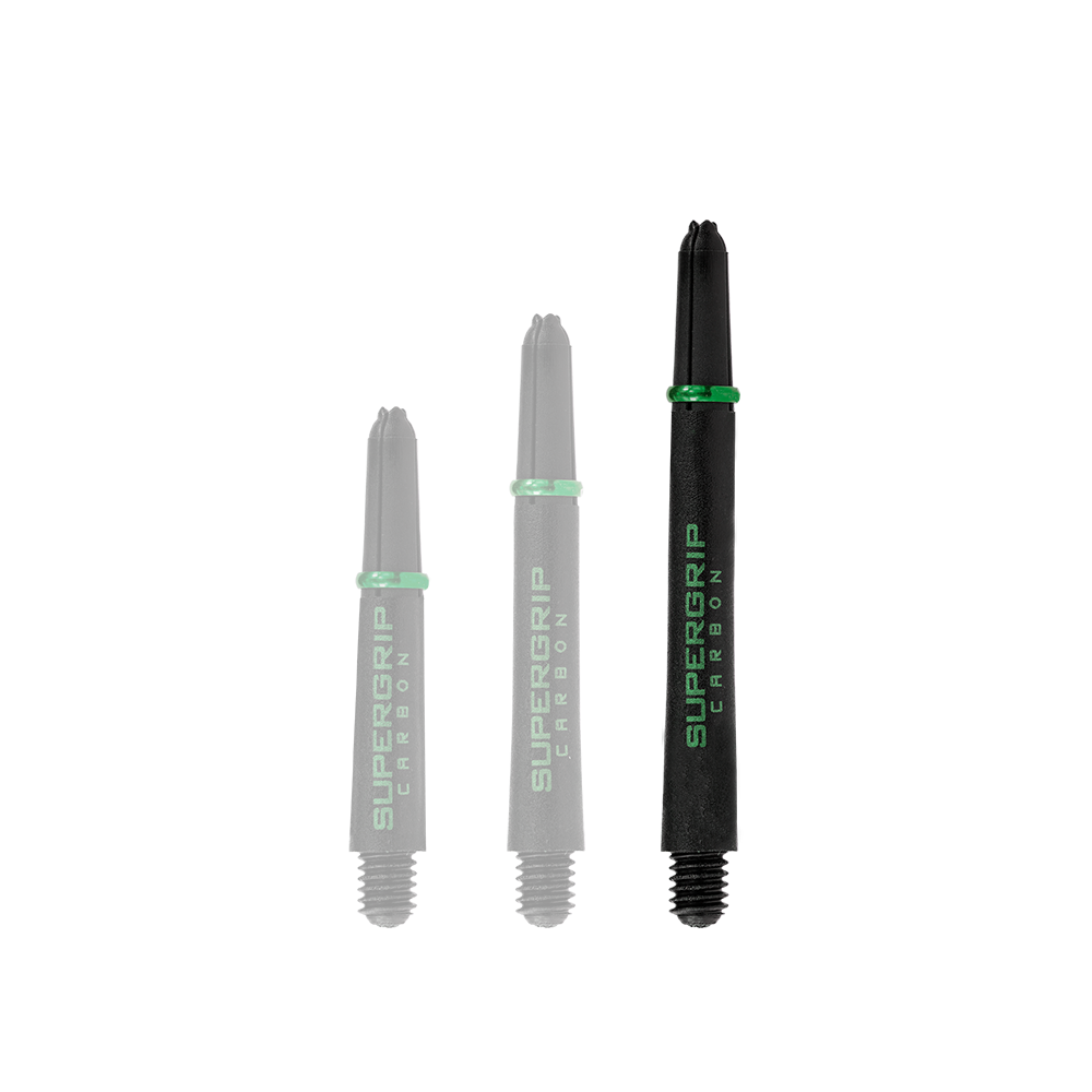 Das Bild zeigt drei grüne Harrows Supergrip Carbon Shafts in unterschiedlichen Längen. Die Shafts sind schwarz mit grüner Beschriftung und grünen Akzenten.