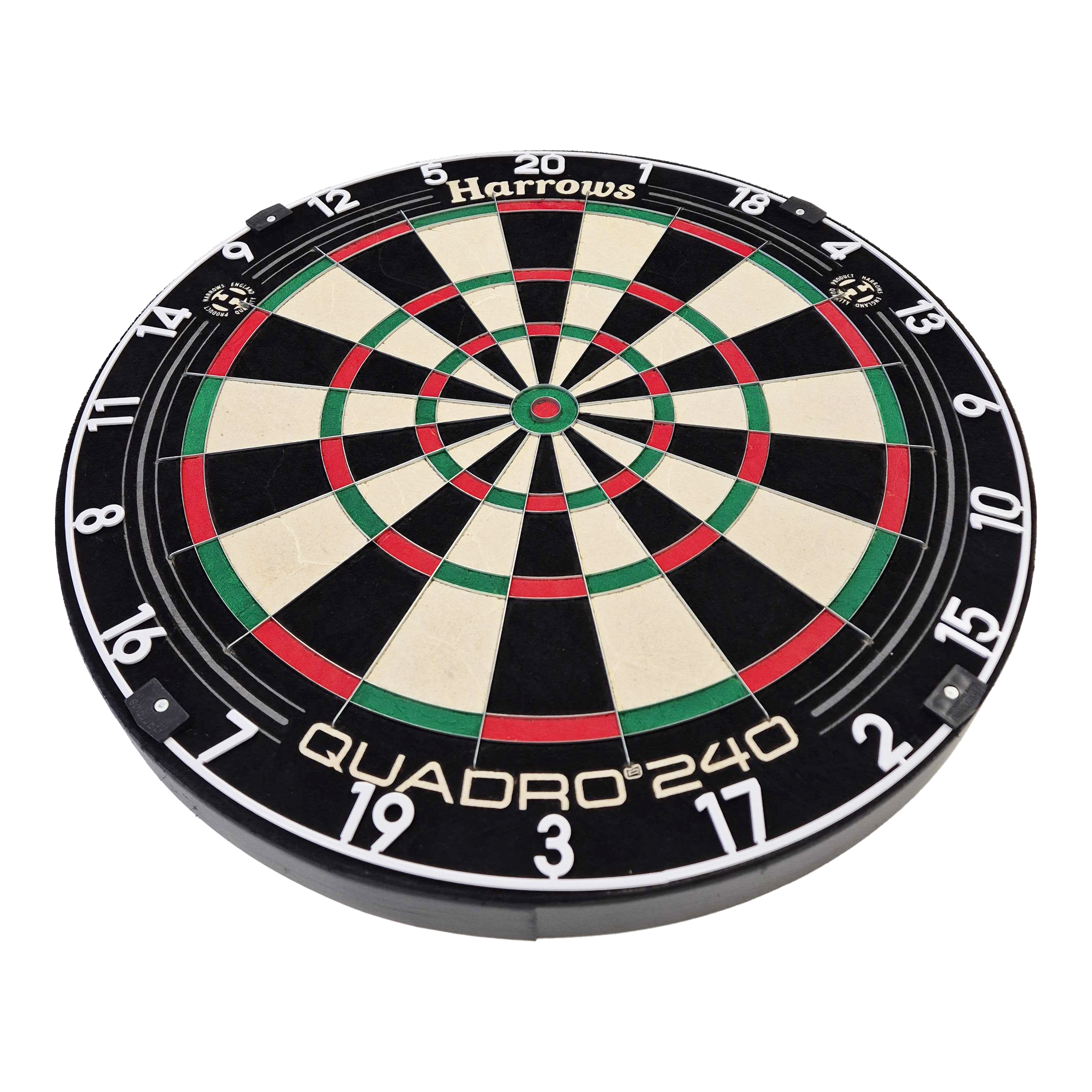 Harrows Quadro 240 Steeldartboard Das Bild zeigt das Steeldartboard "Harrows Quadro 240". Die Dartscheibe ist rund und in verschiedene farbige Segmente unterteilt.