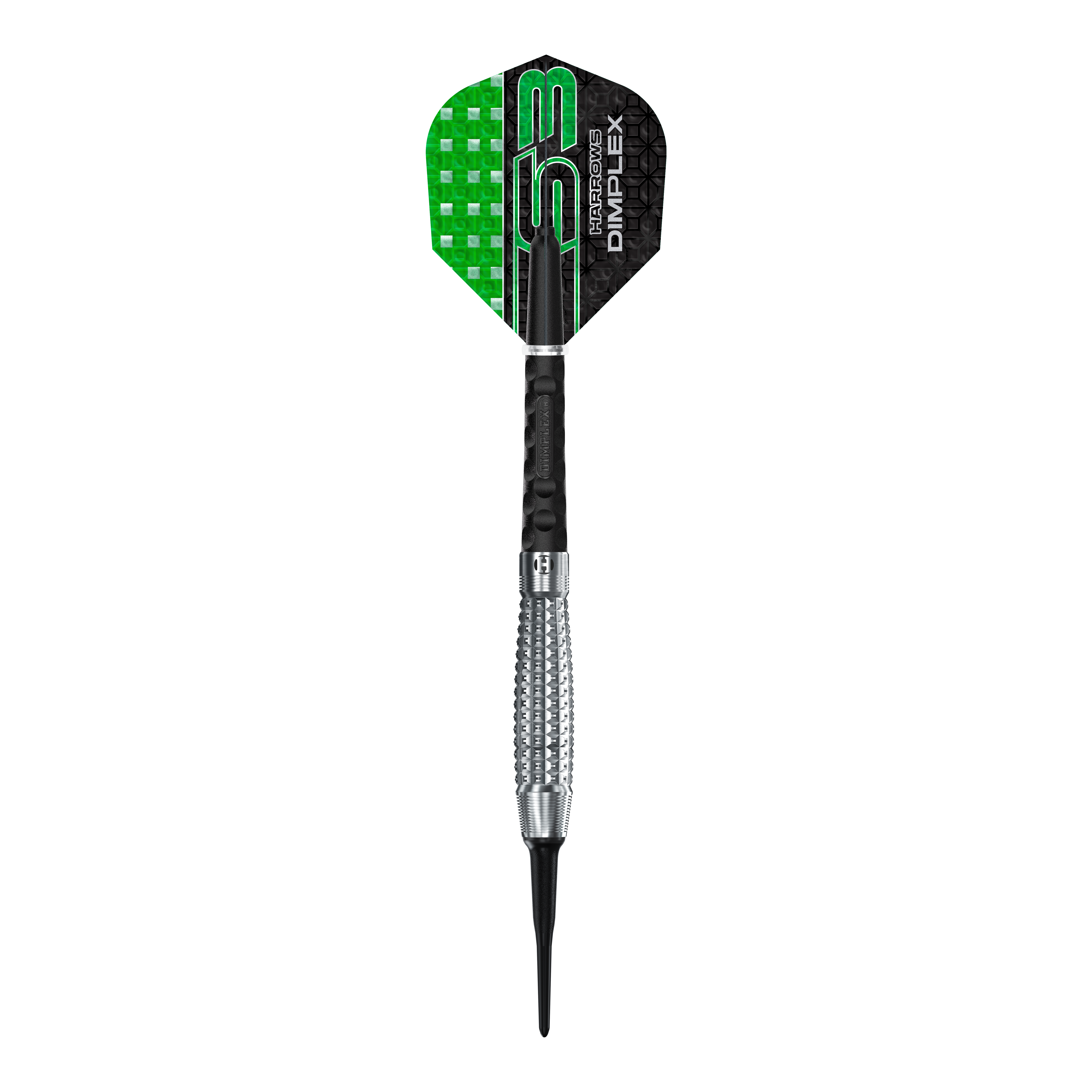 Harrows Dimplex S3 Bomb Softdarts Das Bild zeigt einen Harrows Dimplex S3 Bomb Softdart. Der Dart hat eine schwarze und grüne Flight sowie einen silbernen, geriffelten Barrel.