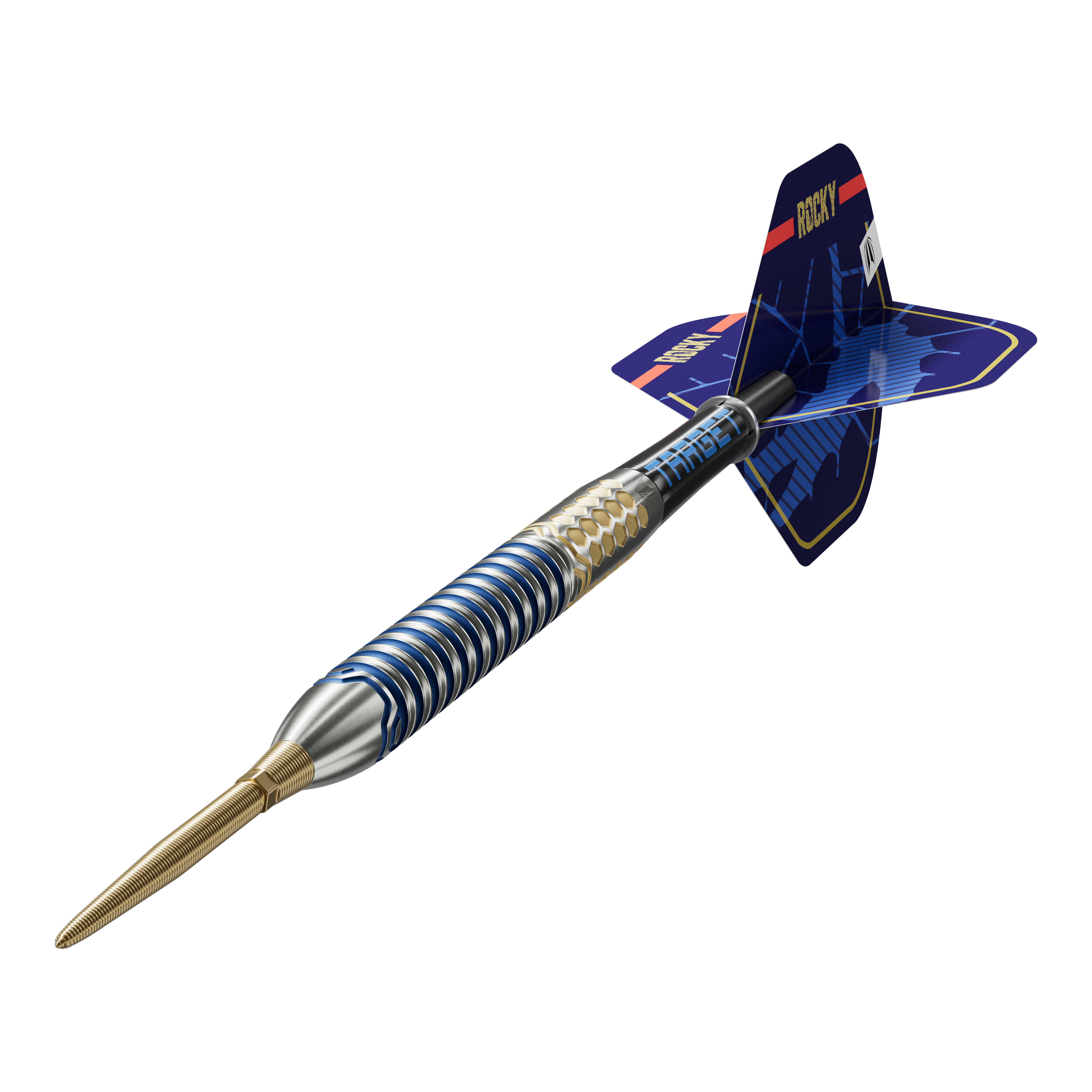 Target Josh Rock GEN1 Swiss Point Steeldarts Das Bild zeigt einen Target Josh Rock GEN1 Swiss Point Steeldart. Der Dartpfeil hat ein auffälliges Design mit blauen und goldenen Akzenten sowie einem verzierten Flight.