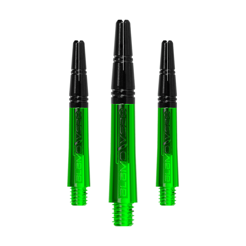 Harrows Alamo VS2 Shafts - Grün Das Bild zeigt drei grüne und schwarze Dartschäfte in einer Reihe. Die Schäfte haben ein glänzendes grünes Unterteil und ein schwarzes Oberteil.