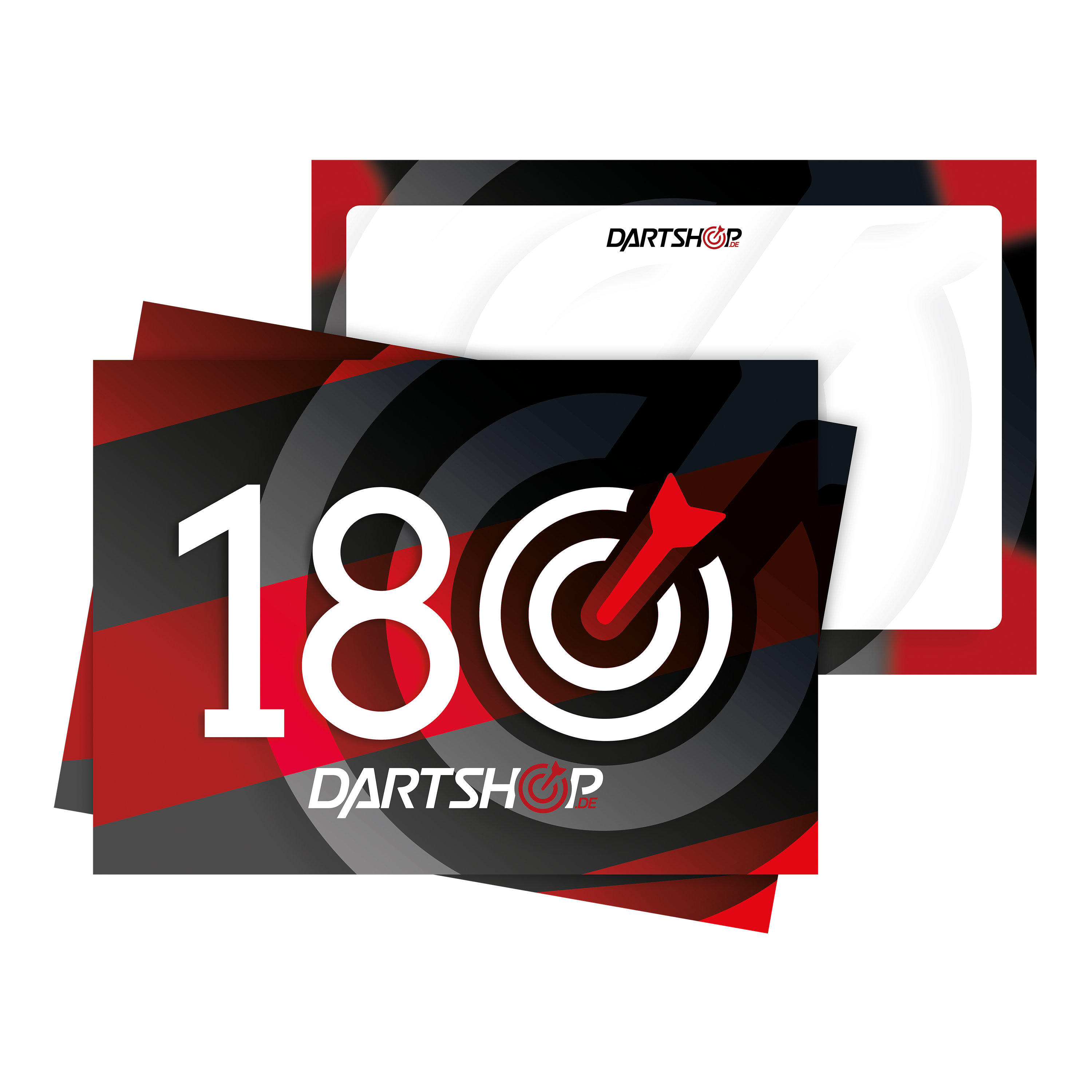 Das Bild zeigt ein Set von Dartshop 180er Schildern im 9er Pack. Auf den Schildern steht in großen Zahlen "180" mit einem Dartpfeil im Bullseye und dem Dartshop-Logo darunter.