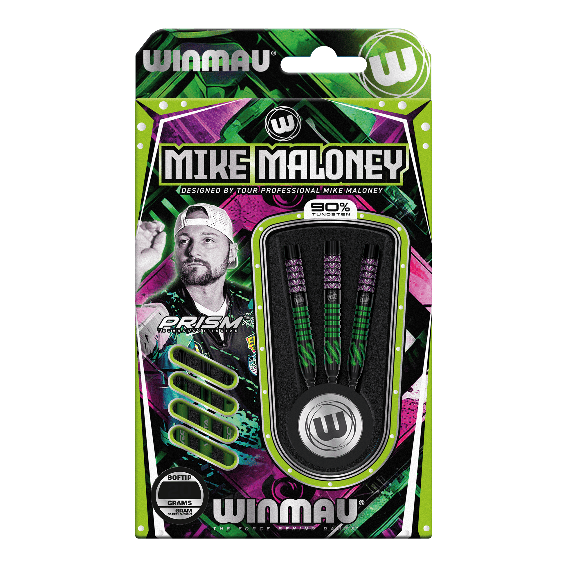 Das Bild zeigt die Winmau Mike Maloney Softdarts mit 20 Gramm Gewicht. Die Verpackung ist bunt gestaltet und zeigt neben den Darts auch ein Bild von Mike Maloney.