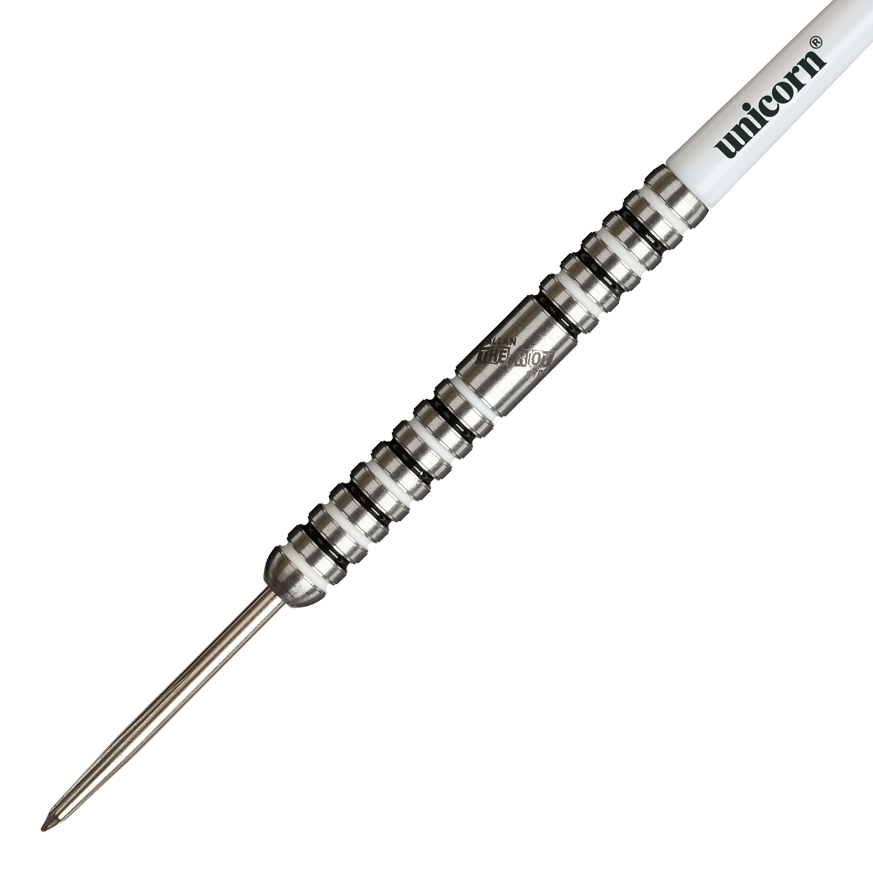Unicorn Callan Rydz The Riot Phase 2 Steeldarts Das Bild zeigt einen silbernen Steeldart mit auffälligen Rillen und dem Markennamen "Unicorn" auf dem weißen Schaft. Es handelt sich um das Modell "Unicorn Callan Rydz The Riot Phase 2 Steeldarts".