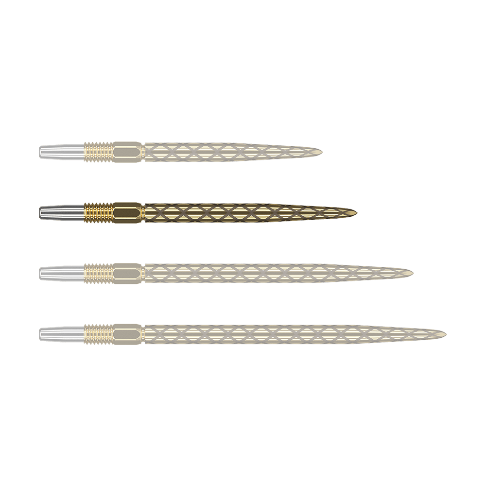 Das Bild zeigt vier goldfarbene Dartspitzen mit silberner Spitze, die nebeneinander liegen. Die Oberflächen der Dartspitzen haben ein rautenförmiges Muster.