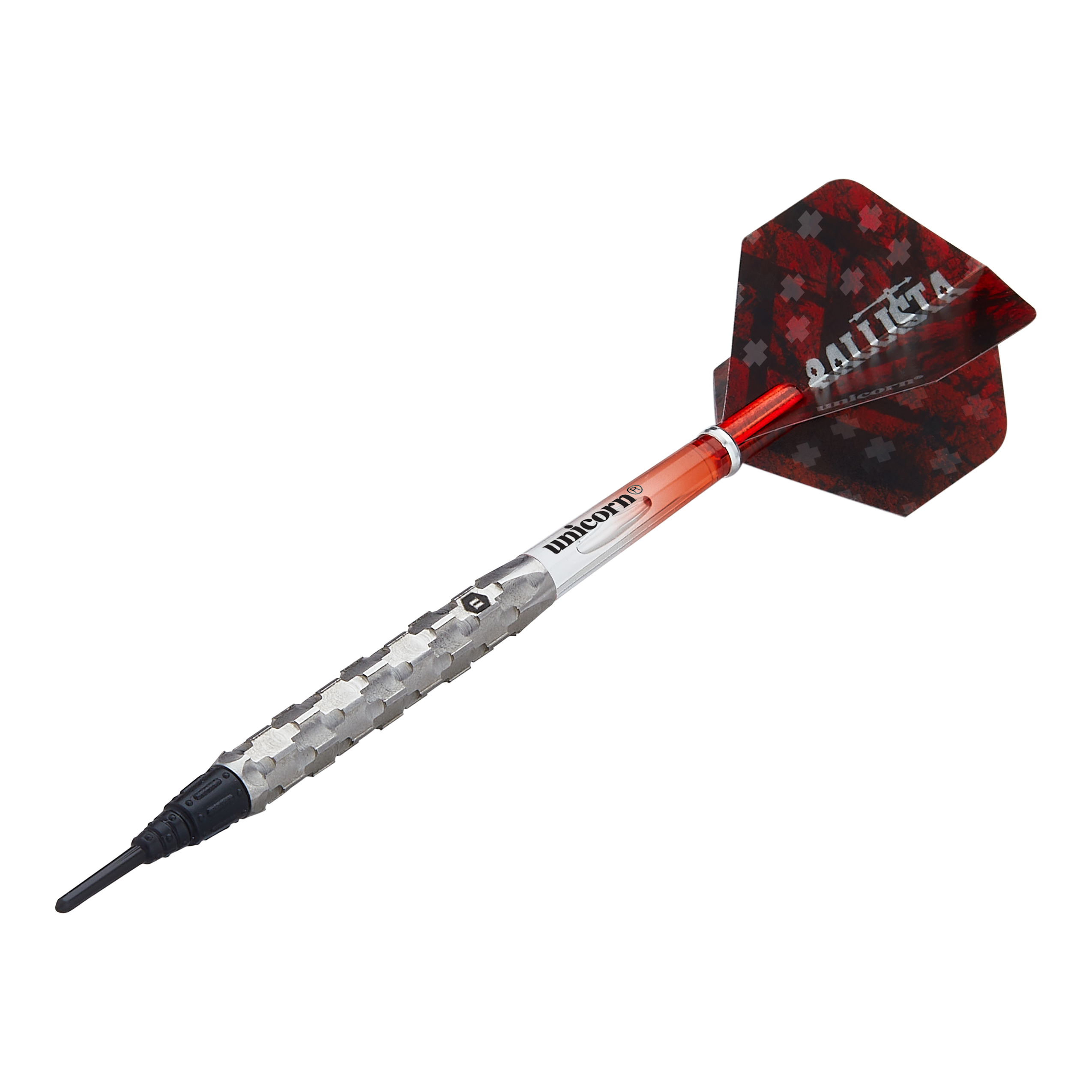 Das Bild zeigt einen Unicorn Ballista Style 1 Softdart. Der Dart hat ein silbernes Griffstück, einen roten Schaft und schwarze Flights mit der Aufschrift "BALLISTA".