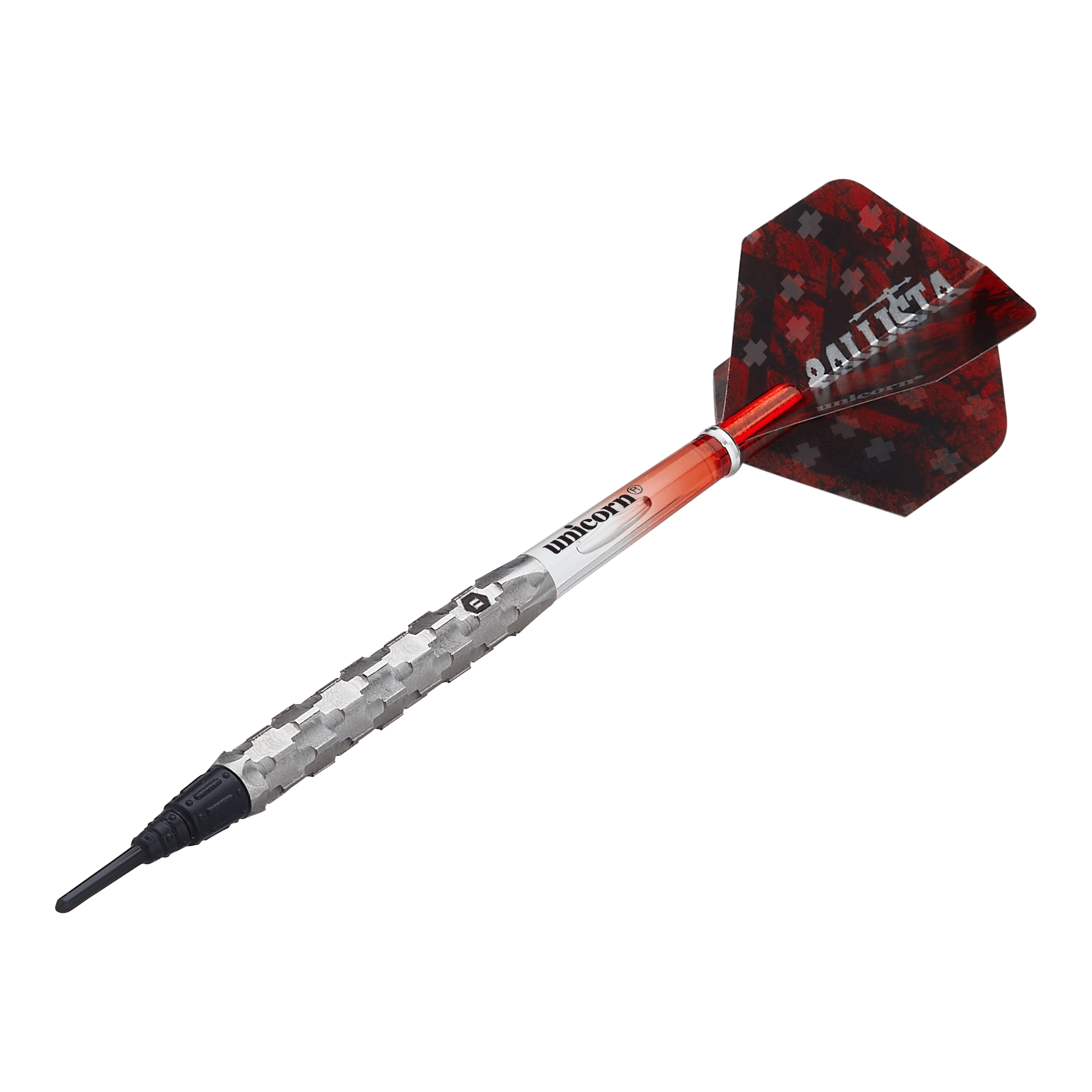 Unicorn Ballista Style 1 Softdarts Das Bild zeigt einen Unicorn Ballista Style 1 Softdart. Der Dart hat ein silbernes Griffstück, einen roten Schaft und schwarze Flights mit der Aufschrift "BALLISTA".
