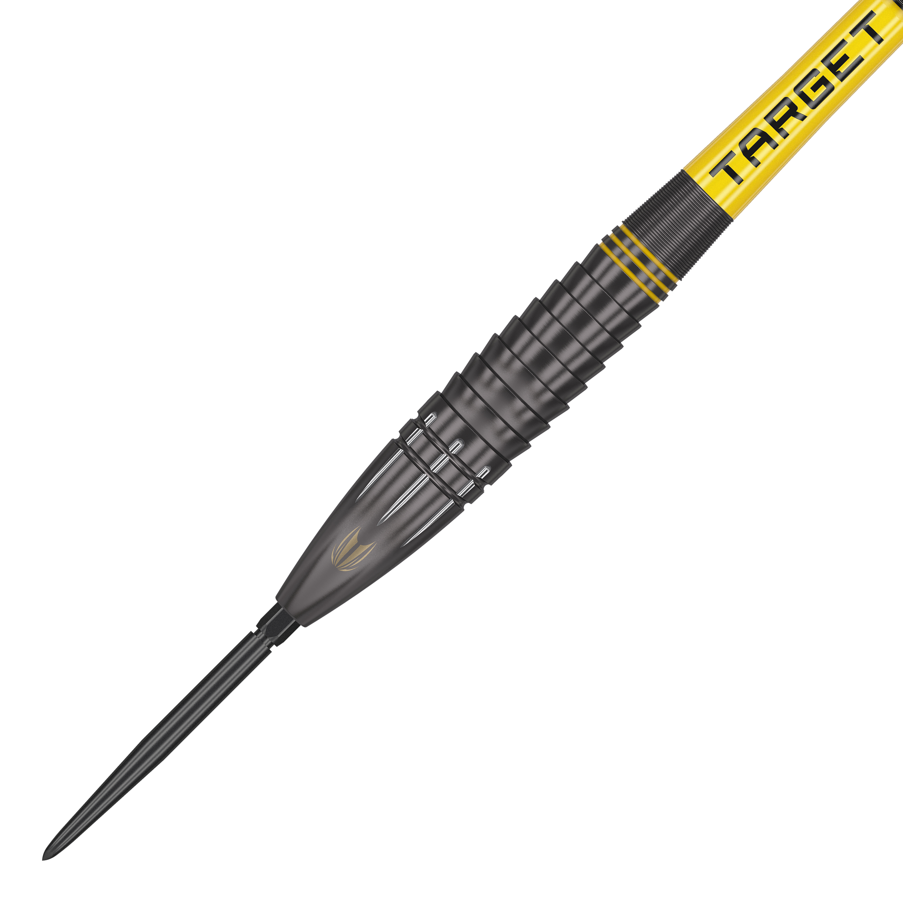 Target Scott Williams Shaggy Black Swiss Point Steeldarts Das Bild zeigt den Target Scott Williams Shaggy Black Swiss Point Steeldart. Der Dart ist schwarz mit gelben Akzenten und hat die Aufschrift "TARGET" auf dem Schaft.