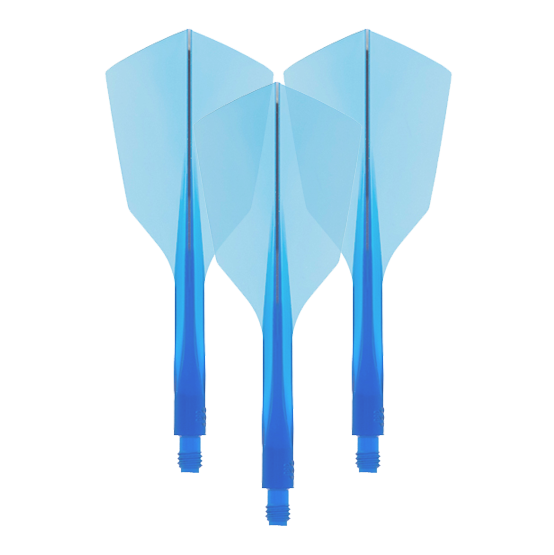 Condor Axe 120 Flight-System Clear Blue - Narrow Das Bild zeigt drei blaue Dart-Flights mit integriertem Schaft. Es handelt sich um das Produkt "Condor Axe 120 Flight-System Clear Blue - Narrow".