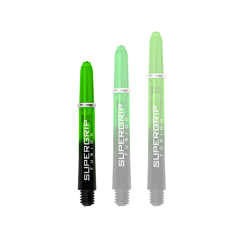 HR339_Harrows_Supergrip_Fusion_Shafts_Gr-n_33mm_1AyoEU4jBDx8l2 Das Bild zeigt drei grüne Harrows Supergrip Fusion Shafts in unterschiedlichen Längen. Die Schrift „Supergrip Fusion“ ist auf jedem Schaft in Weiß zu sehen.