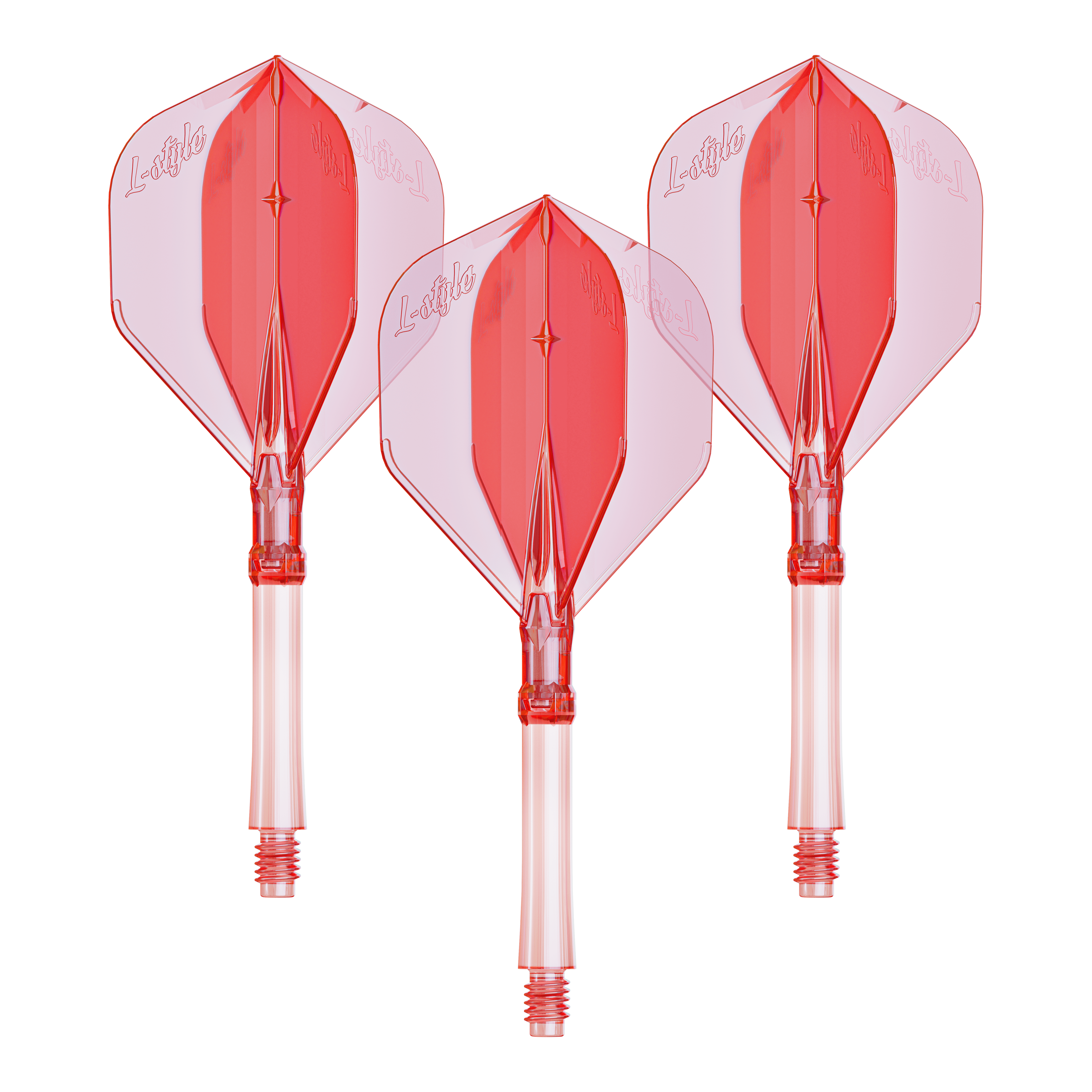 Ein Set mit großen klar roten Dart-Flights aus dem L-System. Praktisch für Dartspieler, die ihre Ausrüstung verbessern möchten.