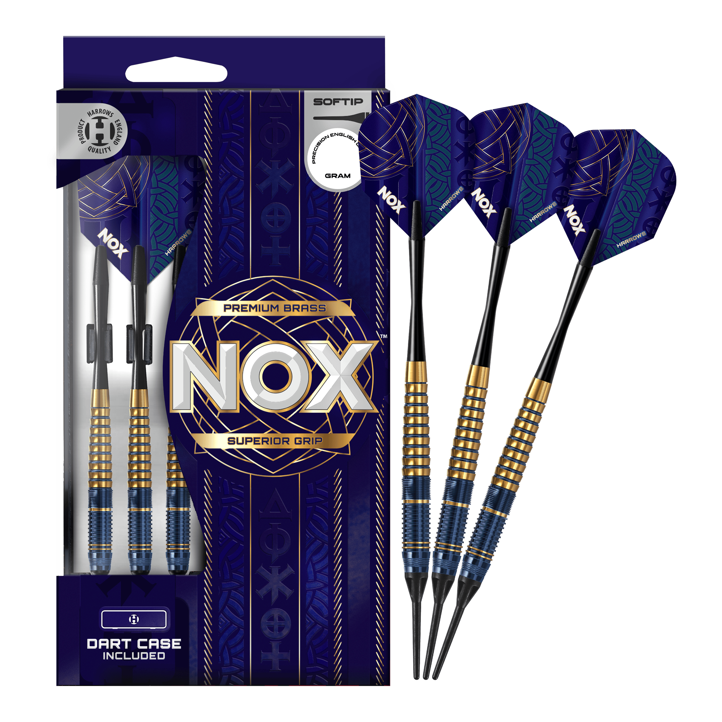 Harrows Nox Premium Brass Softdarts Das Bild zeigt die Harrows Nox Premium Brass Softdarts. Es handelt sich um hochwertige Dartpfeile für Softdart-Spieler.