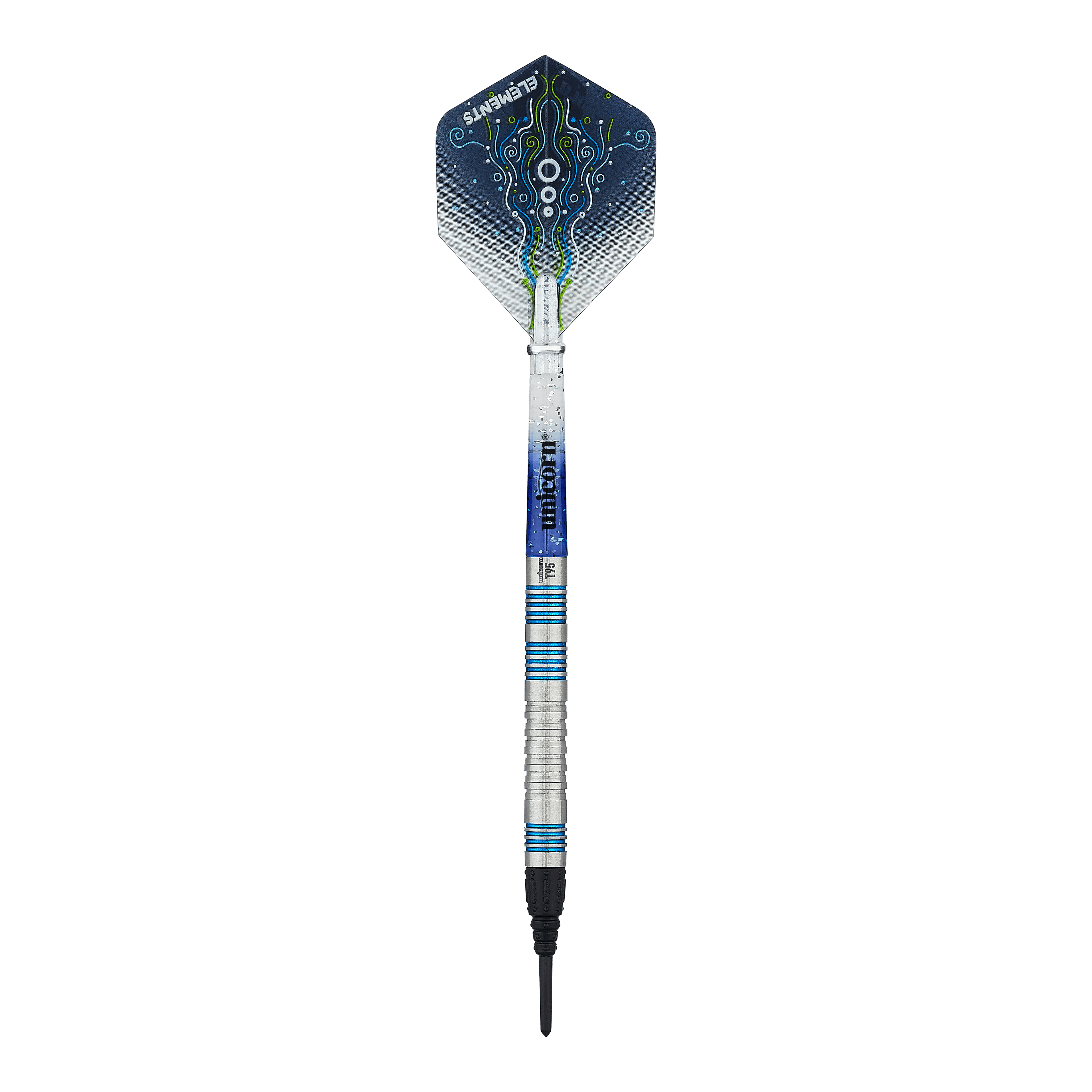 Das Bild zeigt einen Unicorn T95 Core XL Blue Softdart. Der Dartpfeil hat blaue und silberne Akzente sowie ein grafisch gestaltetes Flight-Design.