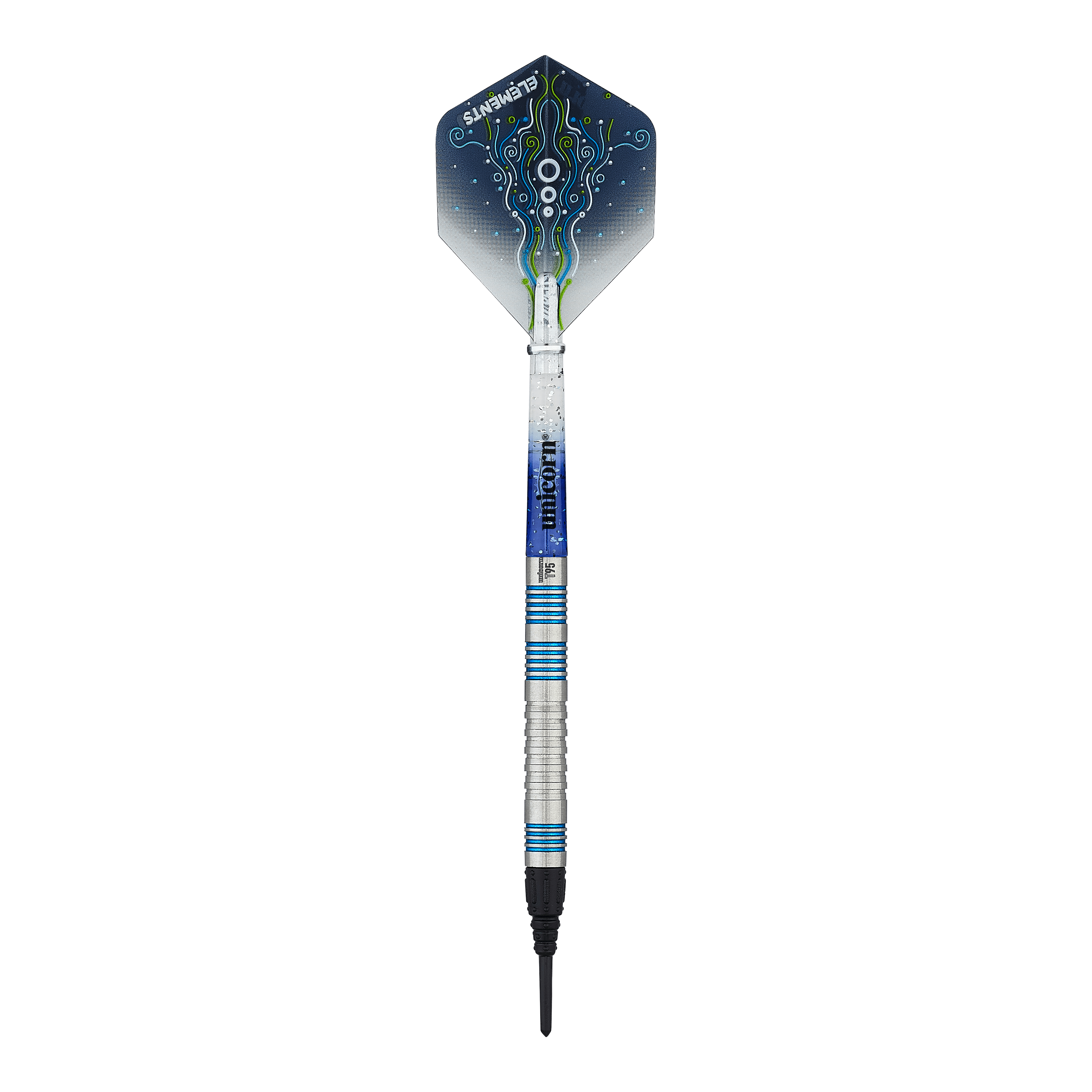 Unicorn T95 Core XL Blue Softdarts Das Bild zeigt einen Unicorn T95 Core XL Blue Softdart. Der Dartpfeil hat blaue und silberne Akzente sowie ein grafisch gestaltetes Flight-Design.