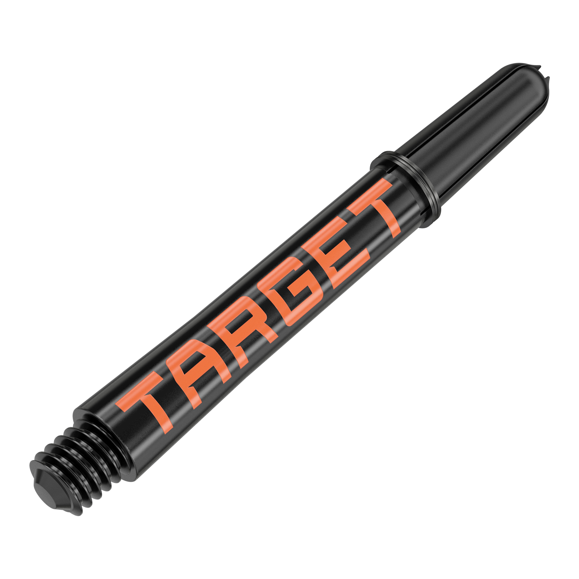 Das Bild zeigt einen schwarzen Dartshaft mit orangefarbener Aufschrift "TARGET". Der Shaft ist aus Kunststoff und hat ein Schraubgewinde am unteren Ende.