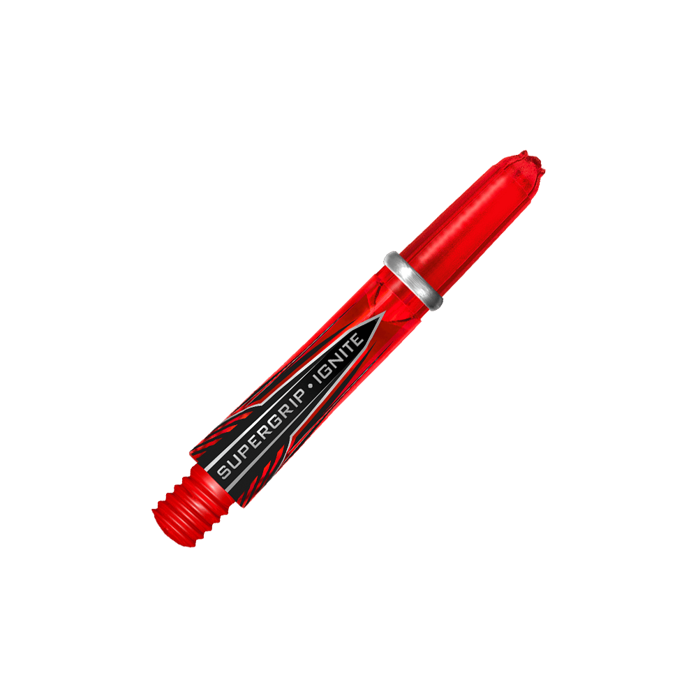 HR383_Harrows_Supergrip_Ignite_Shafts_Rot_33mm_2 Das Bild zeigt einen roten Harrows Supergrip Ignite Shaft für Darts. Auf dem Schaft steht der Schriftzug "Supergrip Ignite".